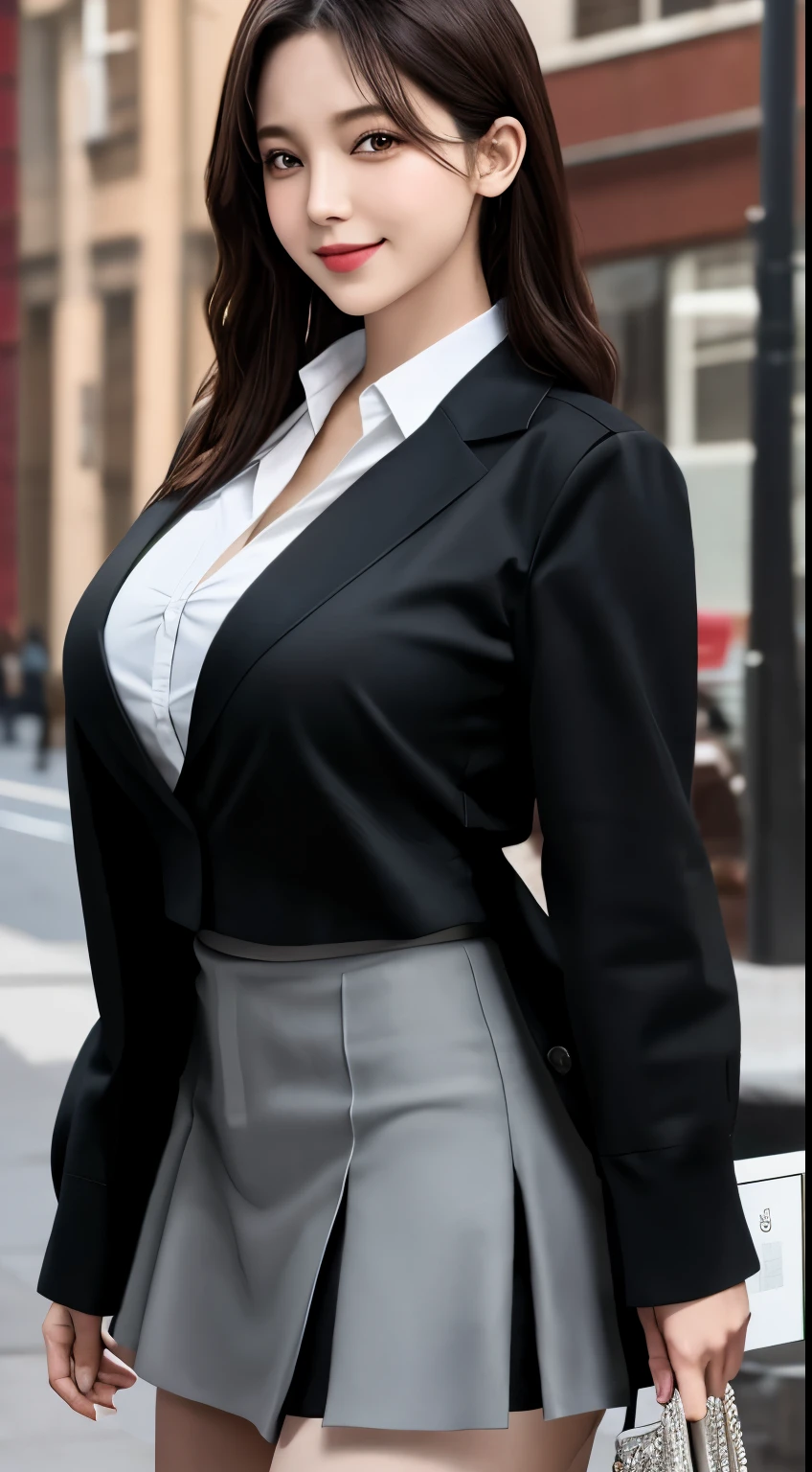 1girl, (white shirt, extra clothes,black blazer,black mini skirt),brown hair,long hair,standing a canteen, detailed face, detailed eyes, huge breasts,body slim, shiny skin, looking at the audience, (8k, RAW photo, best quality, masterpiece: 1.2), (realistic, realistic: 1.37), ultra-high resolution