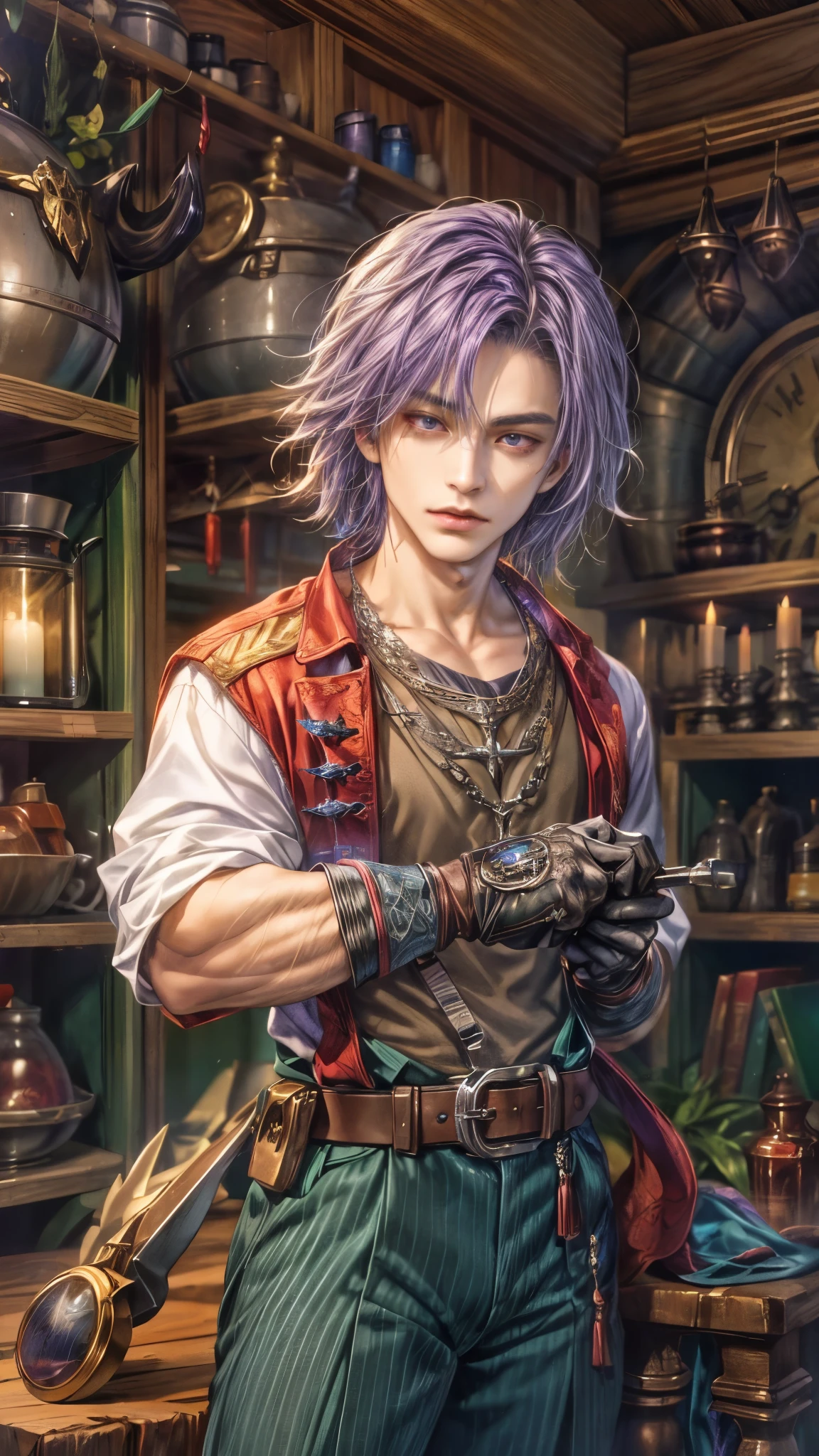 (absurdres, highres, ultra detailed, HDR), masterpiece, intricate, best quality, portrait of a handsome hero from Final Fantasy IX, purple hair, short hair, korean face, anime eyes, prince outfit detailed interiors of an rpg weapon shop, showing forest in the windows , detailed character