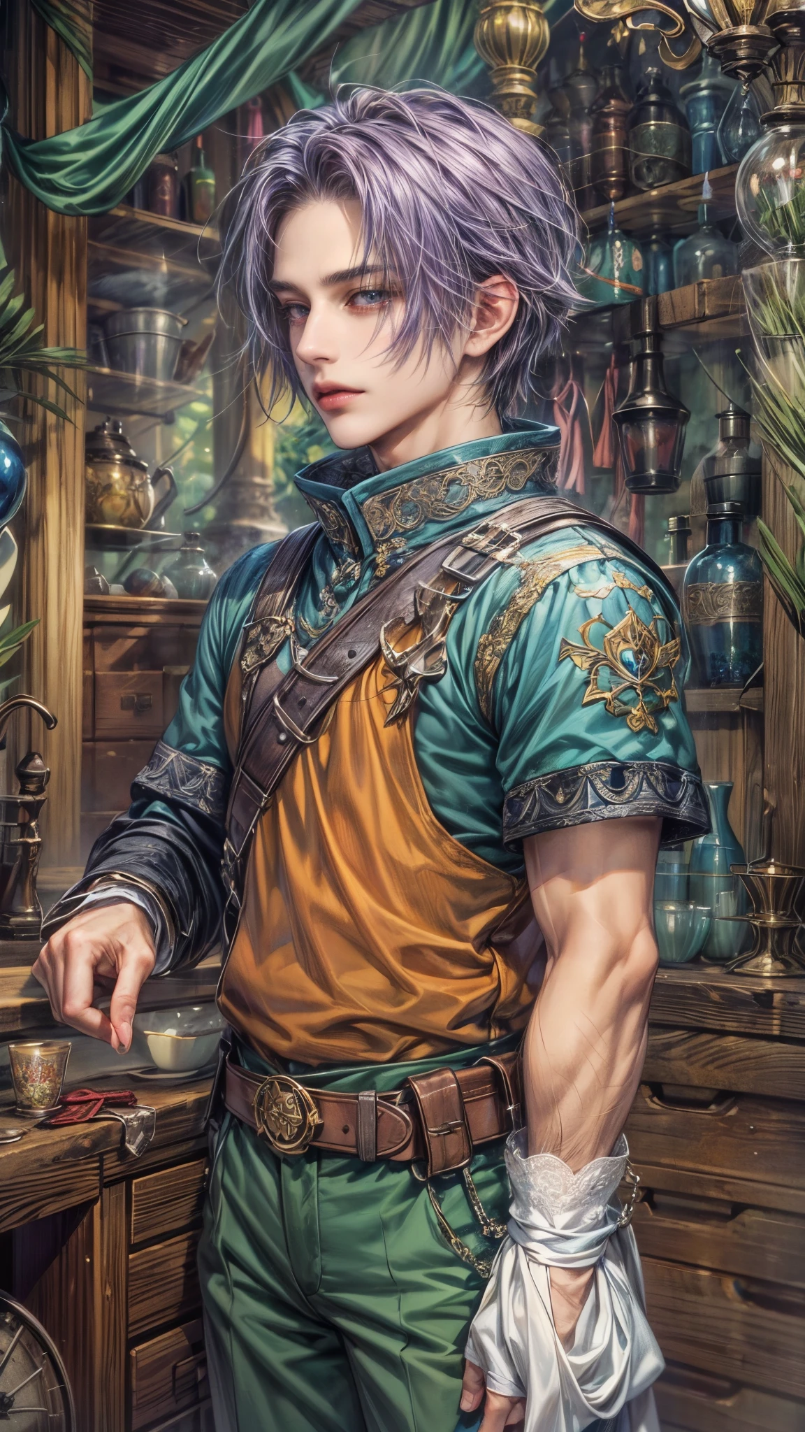 (absurdres, highres, ultra detailed, HDR), masterpiece, intricate, best quality, portrait of a handsome hero from Final Fantasy IX, purple hair, short hair, korean face, anime eyes, prince outfit detailed interiors of an rpg weapon shop, showing forest in the windows , detailed character