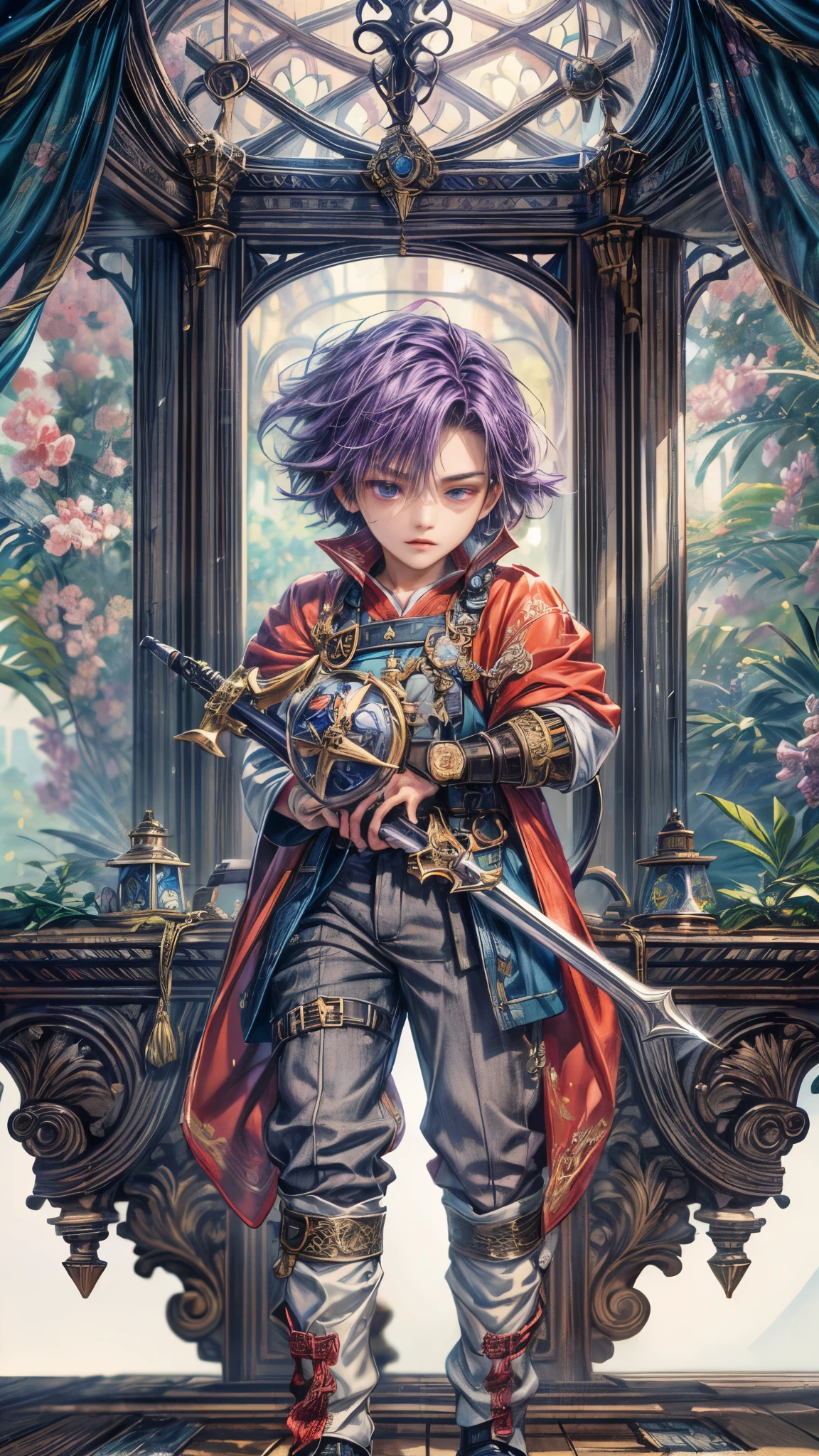 (absurdres, highres, ultra detailed, HDR), masterpiece, intricate, best quality, portrait of a handsome hero from Final Fantasy IX, purple hair, short hair, korean face, anime eyes, prince outfit detailed interiors of an rpg weapon shop, showing forest in the windows , detailed character