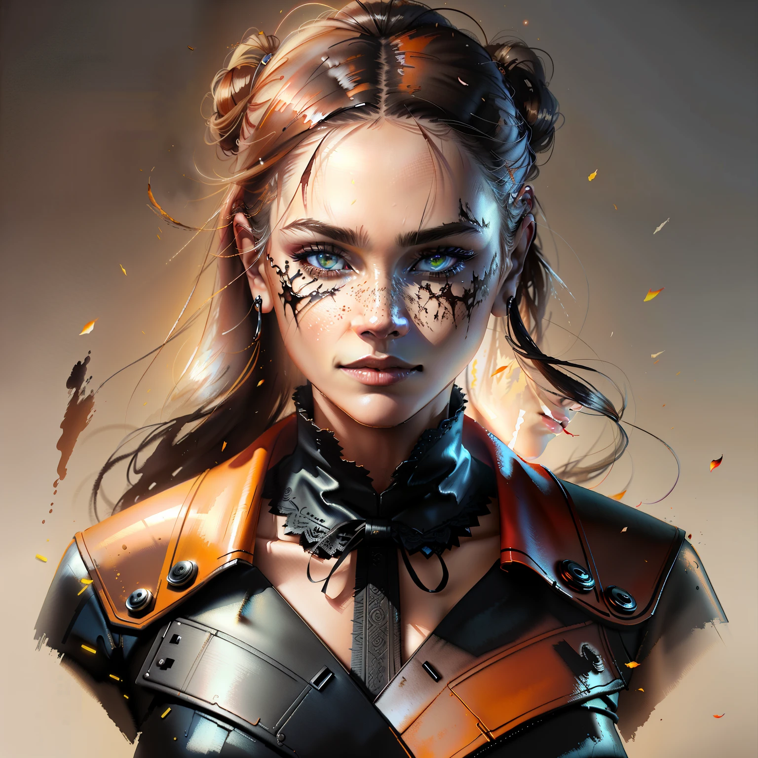 dark red haired pretty woman, two scars across eye, white eyes, smug expression, black top, portrait, medieval times, facepaint, scar across eye, dreadlocks, drop shadow, sideways, rotated, wide shot, high detail, anatomically correct, masterpiece, highres, high quality, high details, 8k, retina