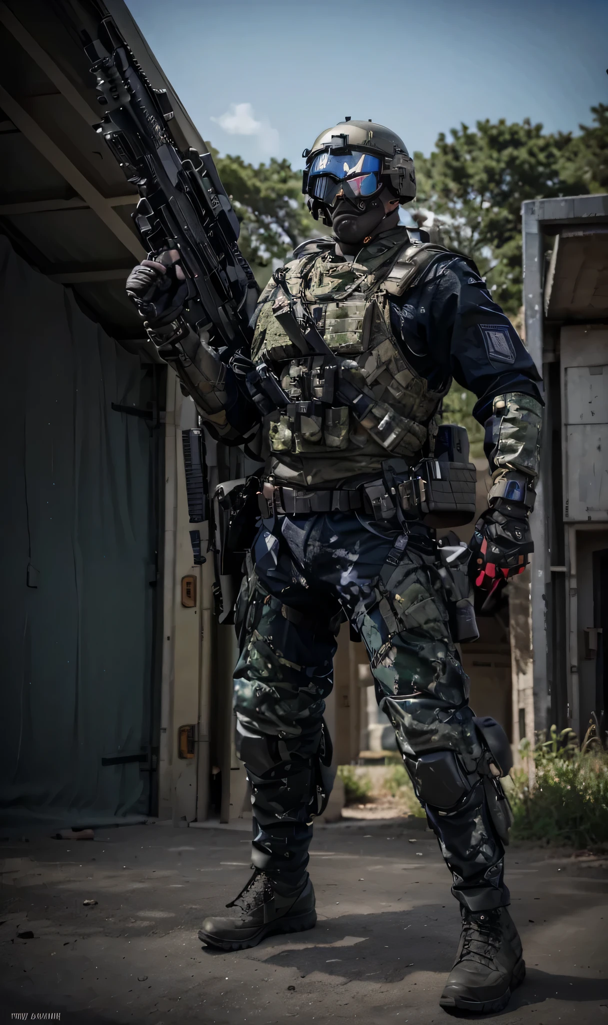 soldado masculino, cara alemana muy masculina, Casco militar azul, tactical sunglasses, uniforme militar azul oscuro, chaleco antibalas de metal con hombreras de metal, cinturones con municiones, carries a heavy laser rifle, botas militares, cinturones con municiones, It's outside an ultra-advanced military base., advanced military vehicles, Hyper Realista, 4k, Imagen ultra detallada, Realista, muy detallado, perfect composition, beautiful intricately detailed incredibly detailed, Artistic photography in 8K, hiper detallado, Obra maestra