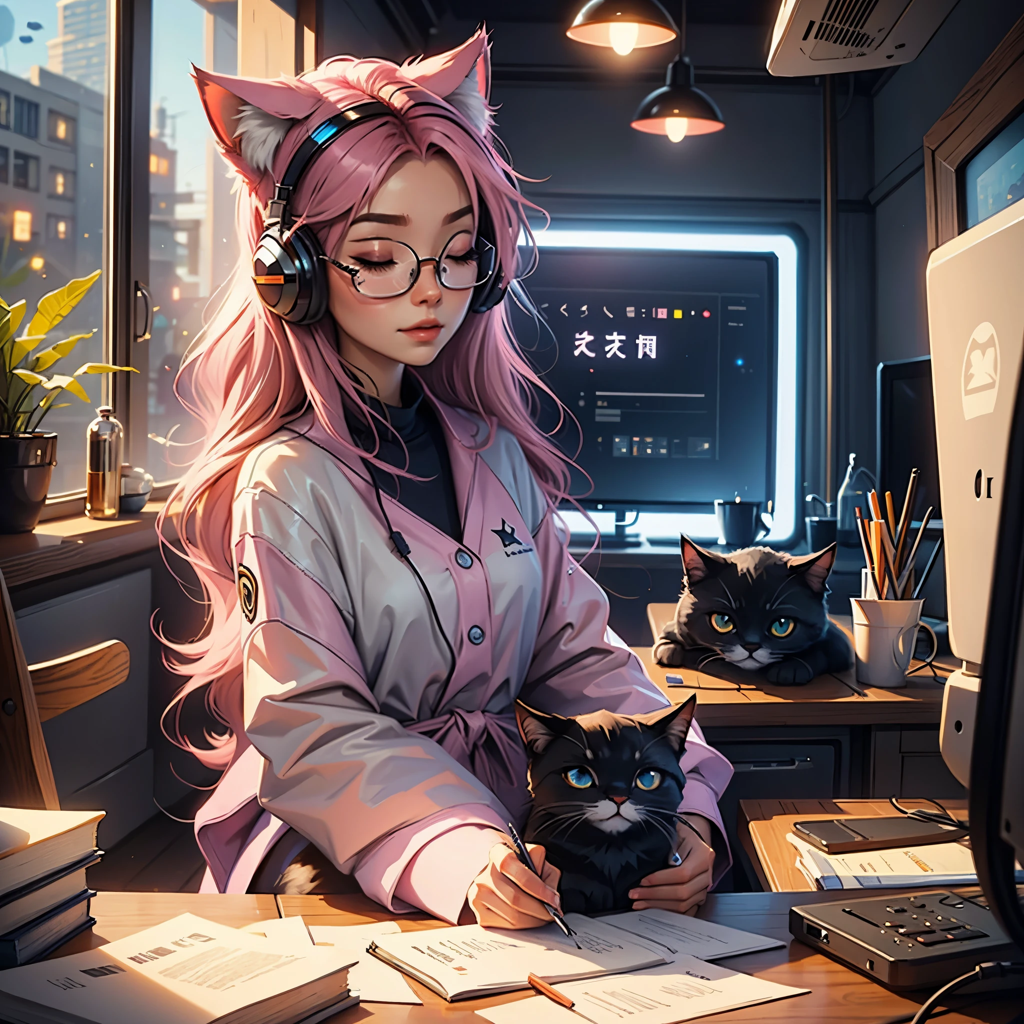 Make an oil painting of adorable female streamer sitting at her computer with her eyes closed, wearing headphones with cat ears, has pink hair, librarian style glasses by James Christensen, awwChang, CGSociety, Illumination, Pixar, super crisp high fidelity, sunny day background