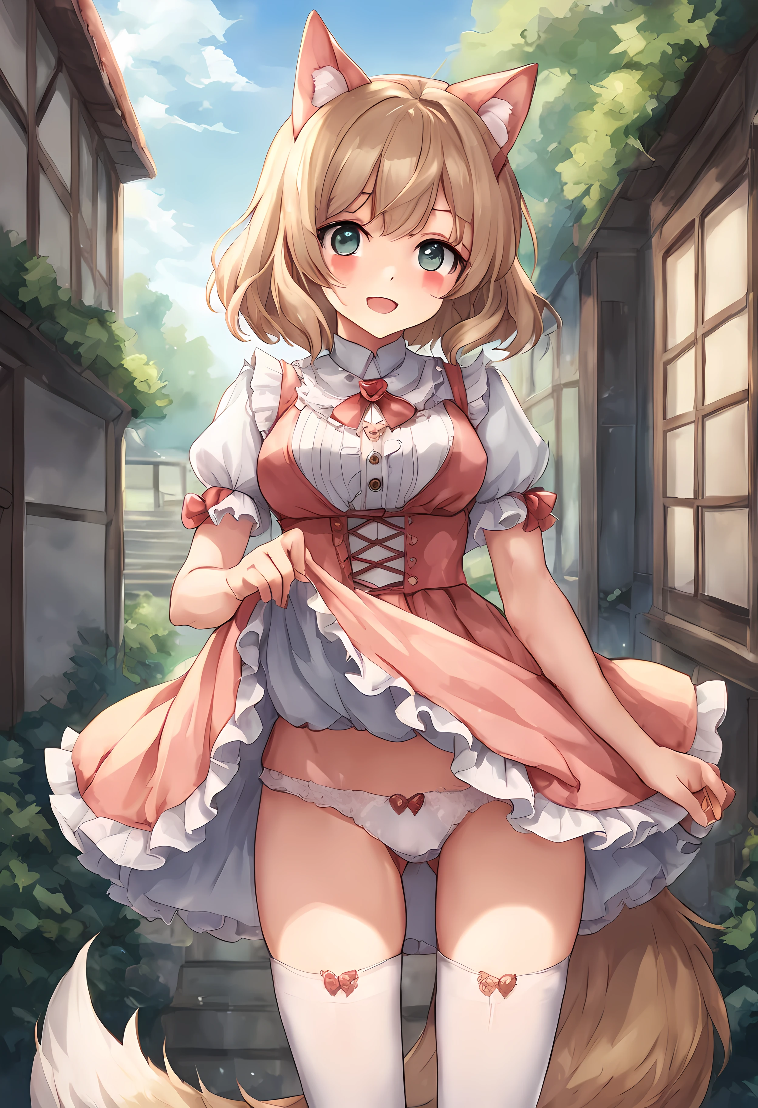 score_9, score_8_up, score_7_up, score_6_up, source_anime, source_cartoon, rating_questionable, daww, weapons-grade cute, scenery porn, light brown hair, happy, (bows, frills, dress:1.2), heart pendant, smiling, blush, (lace_panties, thighhighs:1.2), (skirt lift, upskirt), animal ears, fluffy tail, animal tail, standing