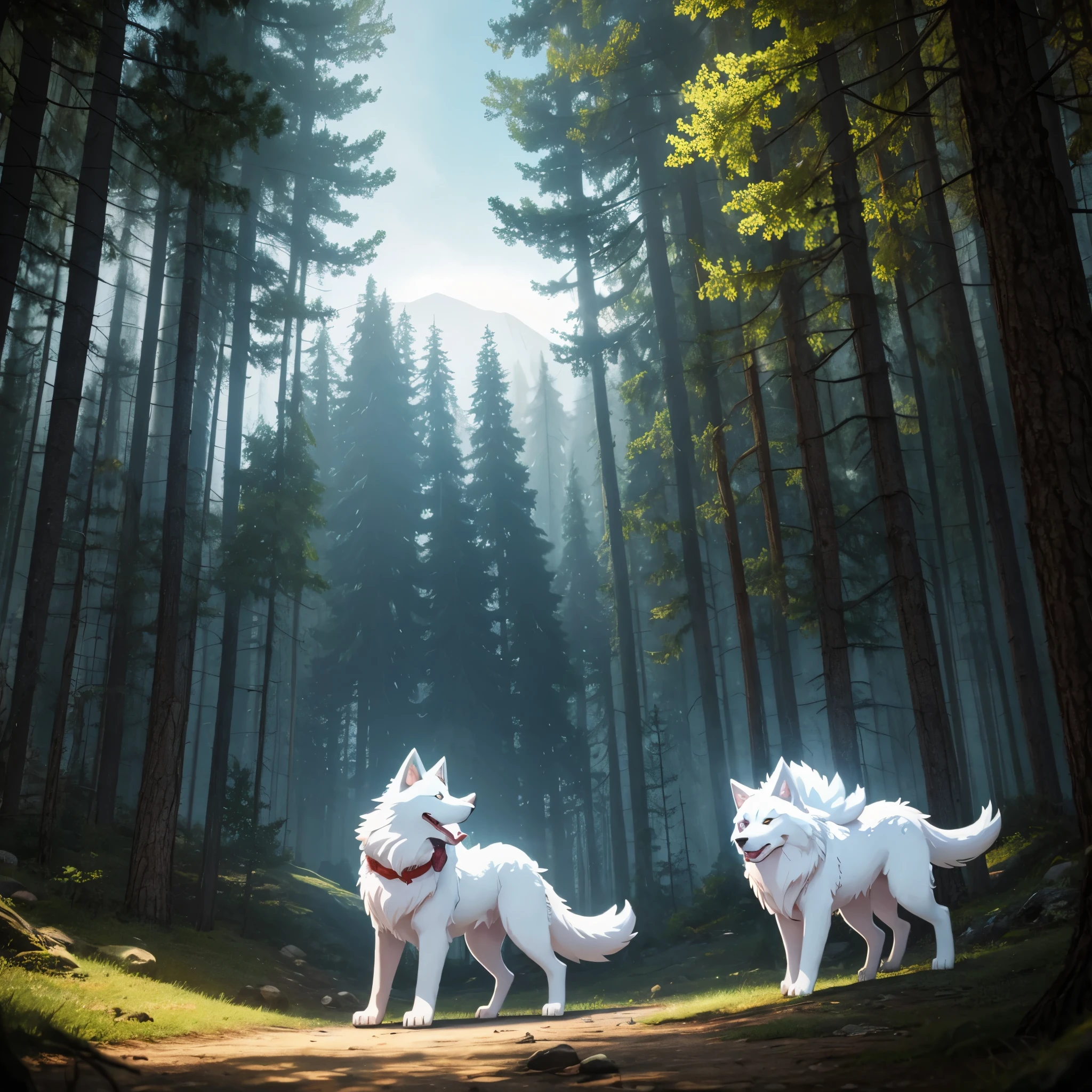 White dog, wolf breed, lighting power, open forest ambience, cartoon, saturated colors, Pokémon style