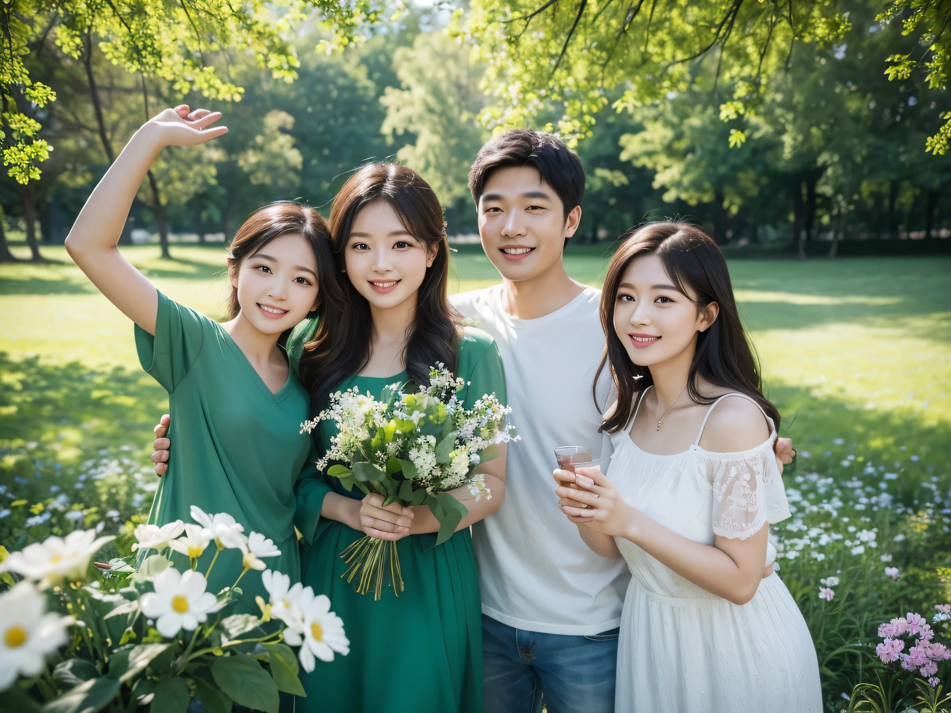 Family of 4,man,woman,spring,green trees,flowers,confident smile,The image is in the center, HD 8K, Light渲染, {{best quality}}, {{super detailed}}, Dreamy, black eyes, Light, Sigma Art Lens