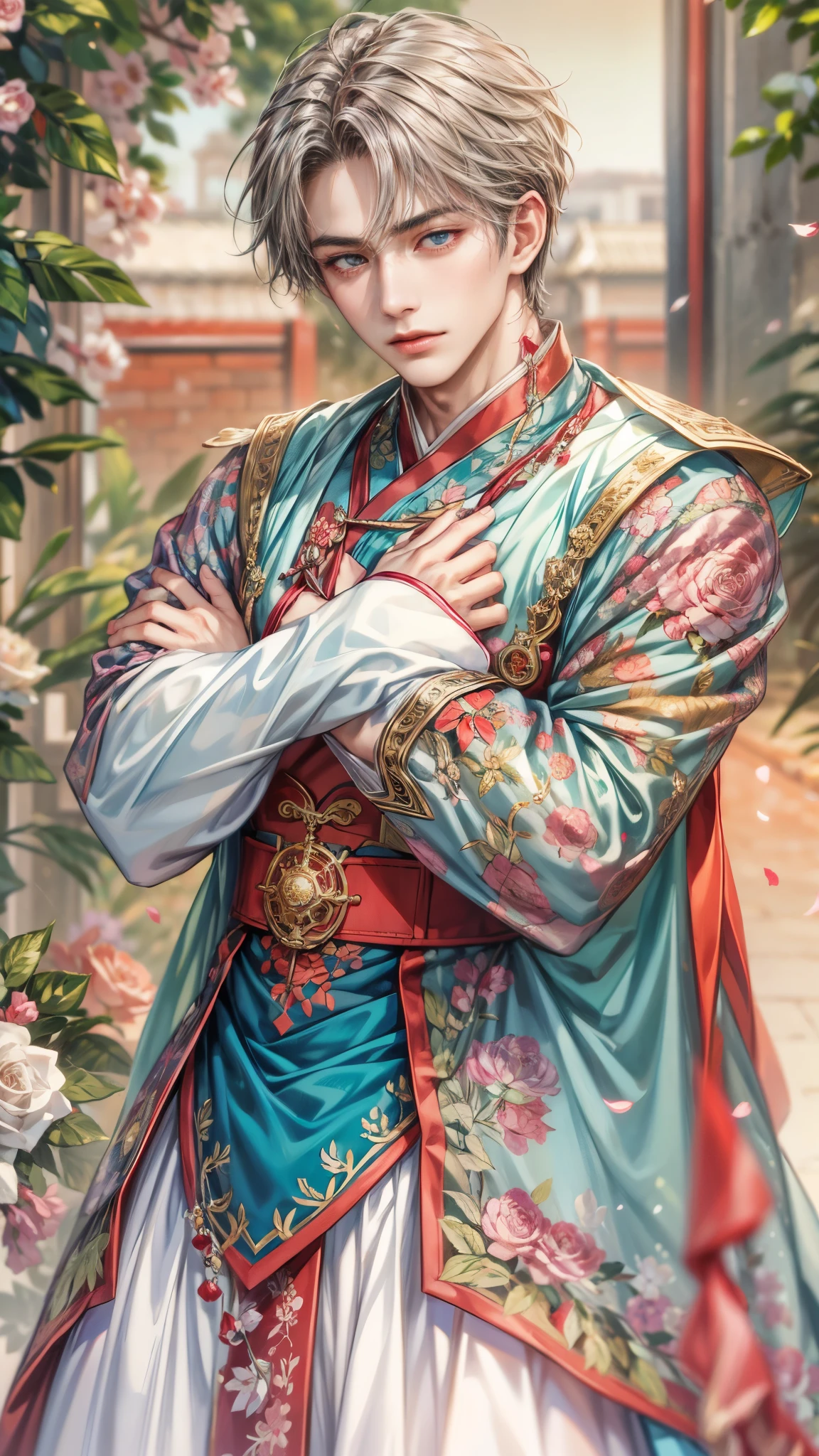 (absurdres, highres, ultra detailed, HDR), masterpiece, intricate details, best quality close-up picture of a character from suikoden, a character with handsome looks, korean face, original hair, short hair, anime blue eyes, smirking face, matured teen, royal wedding theme outfit showing chest, crop top, detailed garden wedding setting background, colorful roses scenery, detailed character, art kenouji