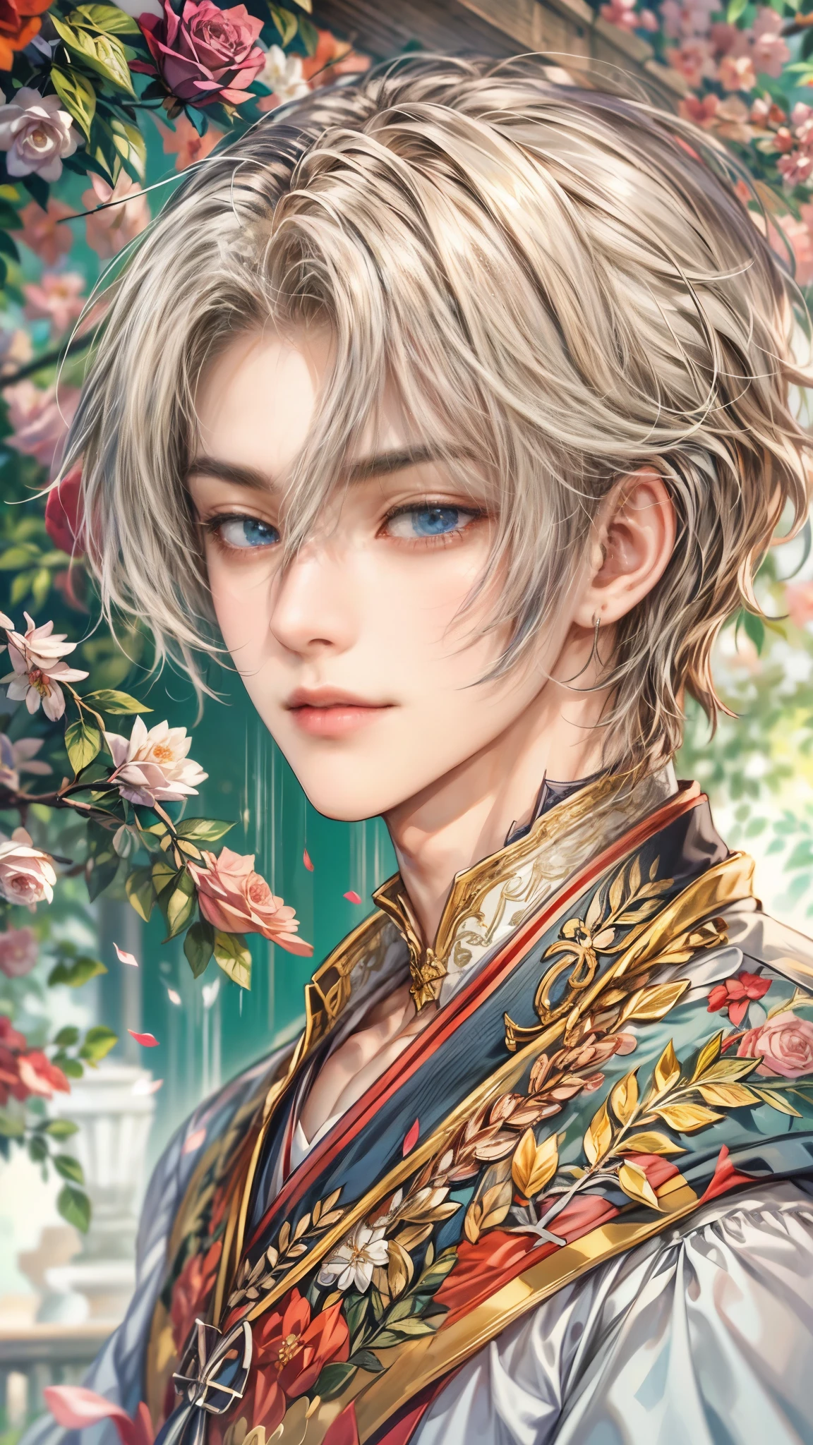 (absurdres, highres, ultra detailed, HDR), masterpiece, intricate details, best quality close-up picture of a character from suikoden, a character with handsome looks, korean face, original hair, short hair, anime blue eyes, smirking face, matured teen, royal wedding theme outfit showing chest, crop top, detailed garden wedding setting background, colorful roses scenery, detailed character, art kenouji