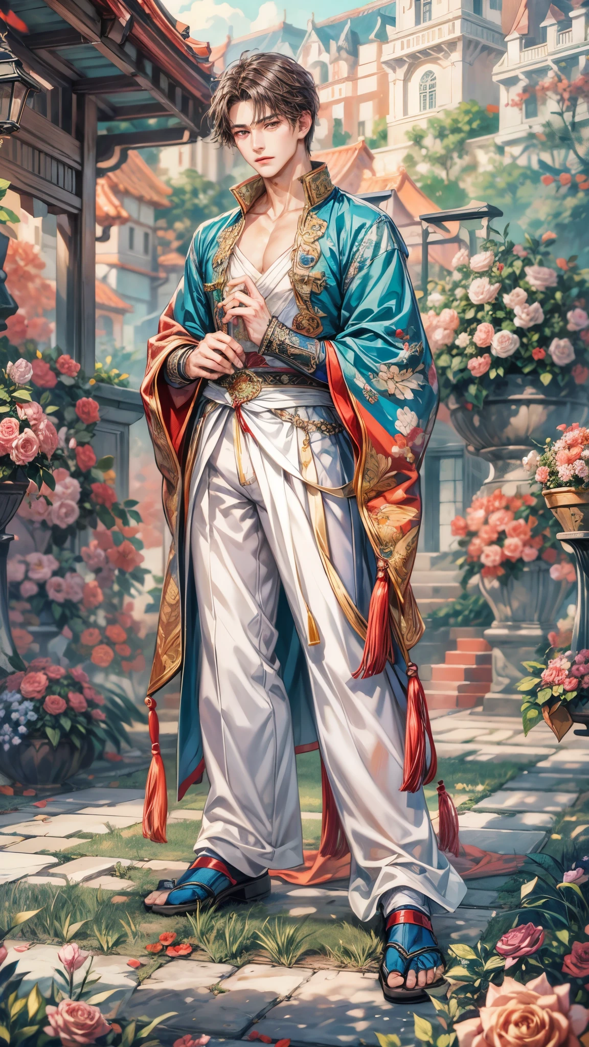 (absurdres, highres, ultra detailed, HDR), masterpiece, intricate details, best quality close-up picture of a character from suikoden, a character with handsome looks, korean face, original hair, short hair, anime blue eyes, smirking face, matured teen, royal wedding theme outfit showing chest, crop top, detailed garden wedding setting background, colorful roses scenery, detailed character, art kenouji