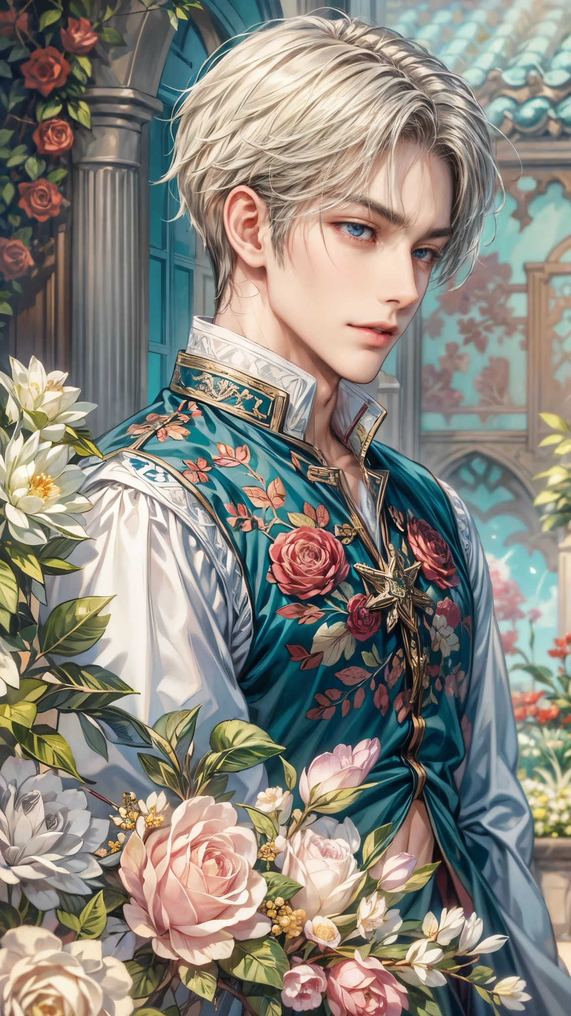 (absurdres, highres, ultra detailed, HDR), masterpiece, intricate details, best quality close-up picture of a character from suikoden, a character with handsome looks, korean face, original hair, short hair, anime blue eyes, smirking face, matured teen, royal wedding theme outfit showing chest, crop top, detailed garden wedding setting background, colorful roses scenery, detailed character, art kenouji