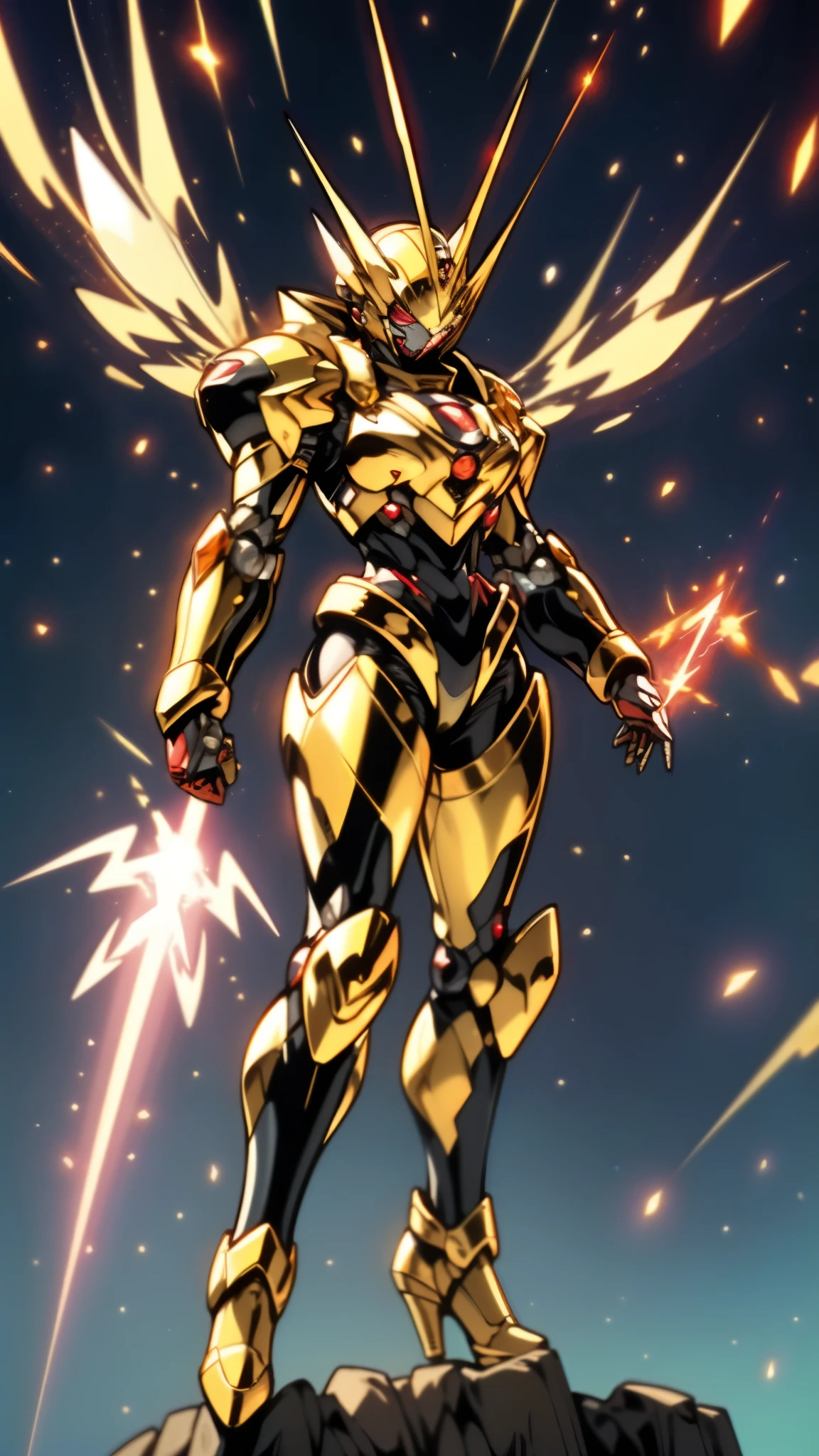 A woman adorned in fantasy-style full-body armor, a crown-concept fully enclosed helmet that unveils only her eyes, a composite layered chest plate, fully encompassing shoulder and hand guards, a lightweight waist armor, form-fitting shin guards, the overall design is heavy-duty yet flexible, ((the armor gleams with a golden glow, complemented by red and blue accents)), exhibiting a noble aura, she floats above a fantasy-surreal high-tech city, this character embodies a finely crafted fantasy-surreal style armored hero in anime style, exquisite and mature manga art style, (mixture of Queen bee and Spider concept Armor, plasma, blood), ((Element, energy, elegant, goddess, femminine:1.5)), metallic, high definition, best quality, highres, ultra-detailed, ultra-fine painting, extremely delicate, professional, anatomically correct, symmetrical face, extremely detailed eyes and face, high quality eyes, creativity, RAW photo, UHD, 32k, Natural light, cinematic lighting, masterpiece-anatomy-perfect, masterpiece:1.5