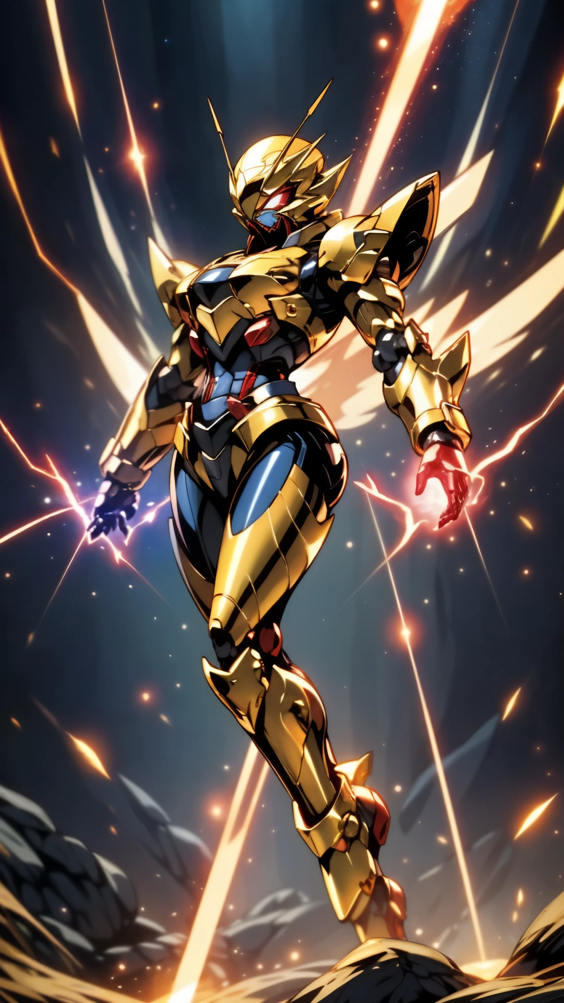 A woman adorned in fantasy-style full-body armor, a crown-concept fully enclosed helmet that unveils only her eyes, a composite layered chest plate, fully encompassing shoulder and hand guards, a lightweight waist armor, form-fitting shin guards, the overall design is heavy-duty yet flexible, ((the armor gleams with a golden glow, complemented by red and blue accents)), exhibiting a noble aura, she floats above a fantasy-surreal high-tech city, this character embodies a finely crafted fantasy-surreal style armored hero in anime style, exquisite and mature manga art style, (mixture of Queen bee and Spider concept Armor, plasma, blood), ((Element, energy, elegant, goddess, femminine:1.5)), metallic, high definition, best quality, highres, ultra-detailed, ultra-fine painting, extremely delicate, professional, anatomically correct, symmetrical face, extremely detailed eyes and face, high quality eyes, creativity, RAW photo, UHD, 32k, Natural light, cinematic lighting, masterpiece-anatomy-perfect, masterpiece:1.5