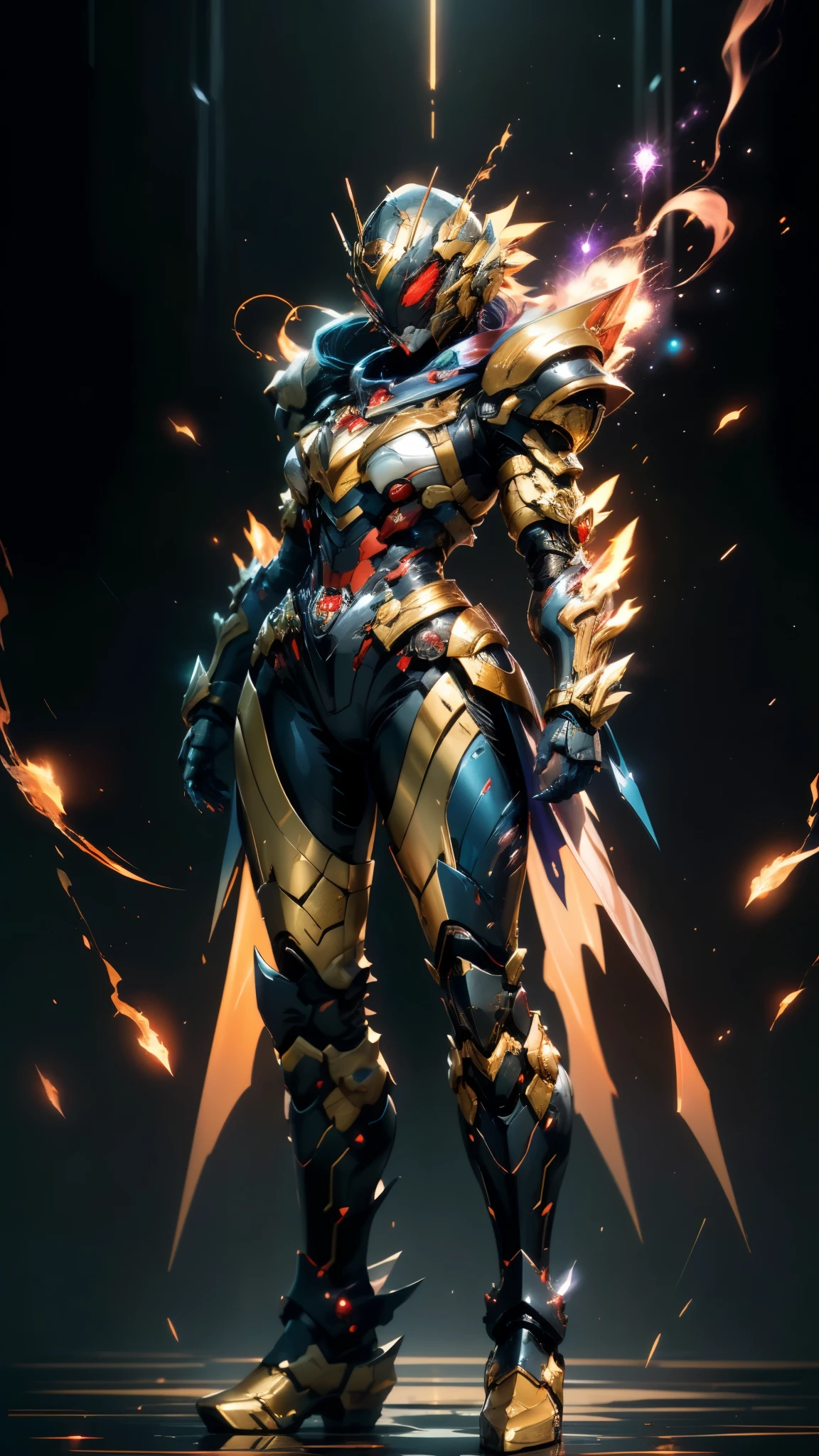 A woman adorned in fantasy-style full-body armor, a crown-concept fully enclosed helmet that unveils only her eyes, a composite layered chest plate, fully encompassing shoulder and hand guards, a lightweight waist armor, form-fitting shin guards, the overall design is heavy-duty yet flexible, ((the armor gleams with a golden glow, complemented by red and blue accents)), exhibiting a noble aura, she floats above a fantasy-surreal high-tech city, this character embodies a finely crafted fantasy-surreal style armored hero in anime style, exquisite and mature manga art style, (mixture of Queen bee and Spider concept Armor, plasma, blood), ((Element, energy, elegant, goddess, femminine:1.5)), metallic, high definition, best quality, highres, ultra-detailed, ultra-fine painting, extremely delicate, professional, anatomically correct, symmetrical face, extremely detailed eyes and face, high quality eyes, creativity, RAW photo, UHD, 32k, Natural light, cinematic lighting, masterpiece-anatomy-perfect, masterpiece:1.5