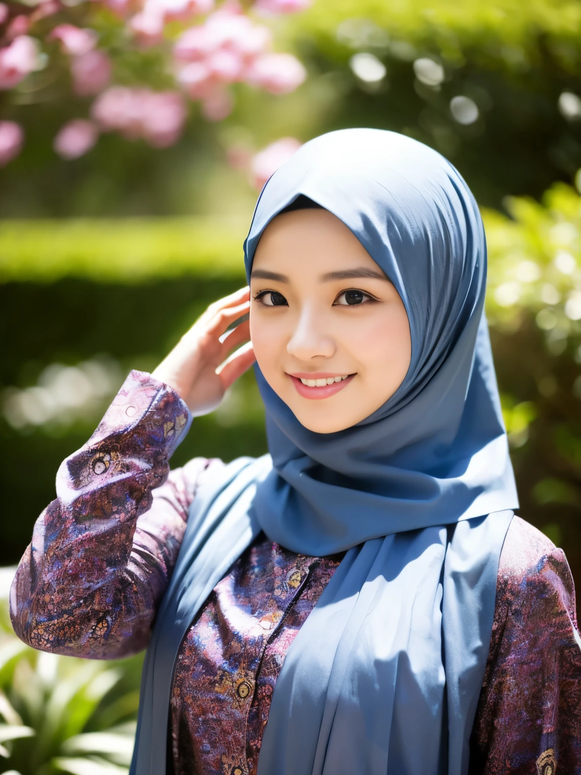Very beautiful Asian girl wearing a hijab, wearing batik clothes, looking neat and elegant, the background is in a beautiful garden, the background is bokeh.