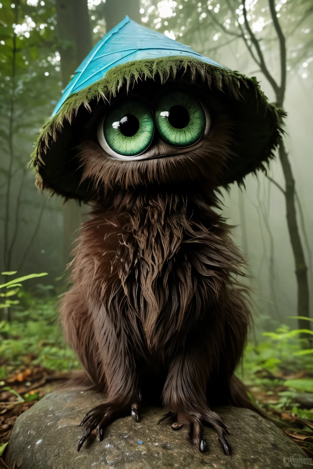 Large an extremely adorable big eyed horrifying creature with wild scruffy hair, The creature is sitting on a rock among green leaves. It has big, blue eyes that seem to be curious about something. The leaf hat is wet and has water droplets falling from it. The sunlight shines through the mist and creates a magical effect