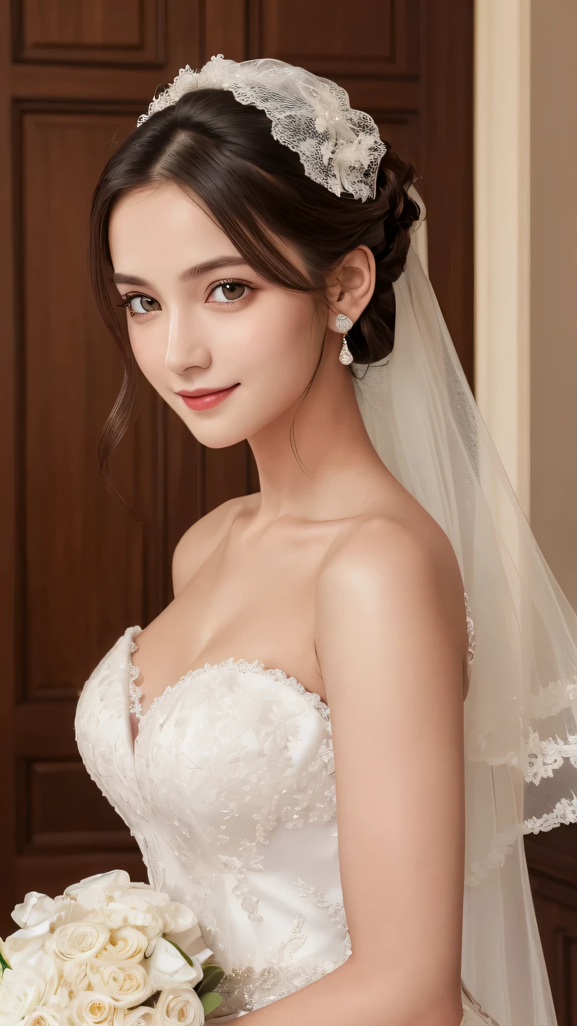 (1girl), ponytail, Extremely cute face, Amazing face and eyes, (Highly detailed eyes, Highly detailed face), fresh, Very clean appearance, (Hyper-realistic, hight resolution), (Best Quality:1.4), (hyper quality), Authentic skin texture, Raw photo, (Realistic, Photorealsitic:1.37), highly detailed, Professional Photography, (beautiful lace bridal dress:1.5), (lace bridal dress with open front), (cleavage:1.2), (Bare shoulders), Smile slightly, (Staring at me), luxury living room, girl portrait,