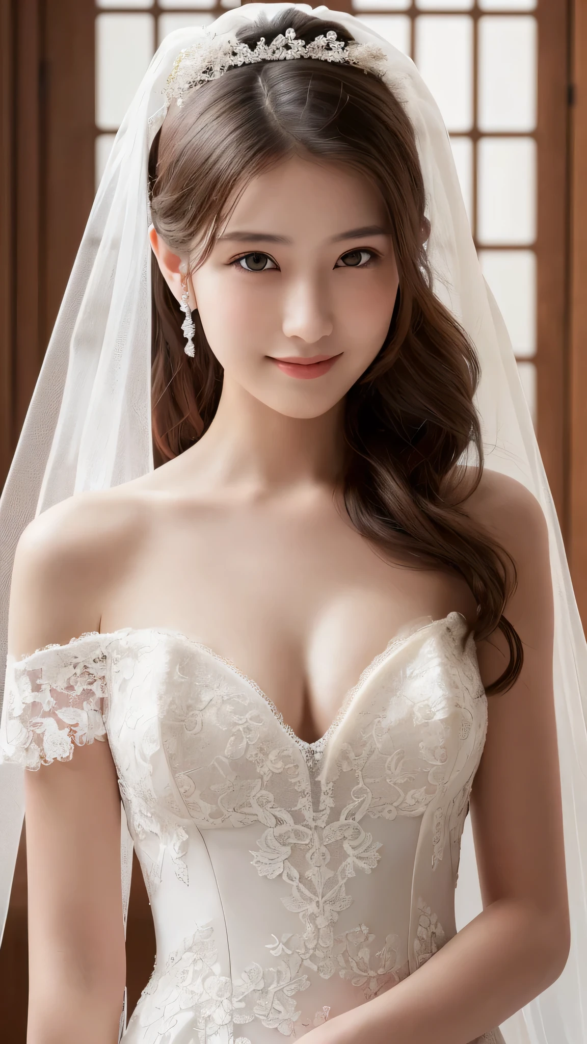 (1girl), ponytail, Extremely cute face, Amazing face and eyes, (Highly detailed eyes, Highly detailed face), fresh, Very clean appearance, (Hyper-realistic, hight resolution), (Best Quality:1.4), (hyper quality), Authentic skin texture, Raw photo, (Realistic, Photorealsitic:1.37), highly detailed, Professional Photography, (beautiful lace bridal dress:1.5), (lace bridal dress with open front), (cleavage:1.2), (Bare shoulders), Smile slightly, (Staring at me), luxury living room, girl portrait,