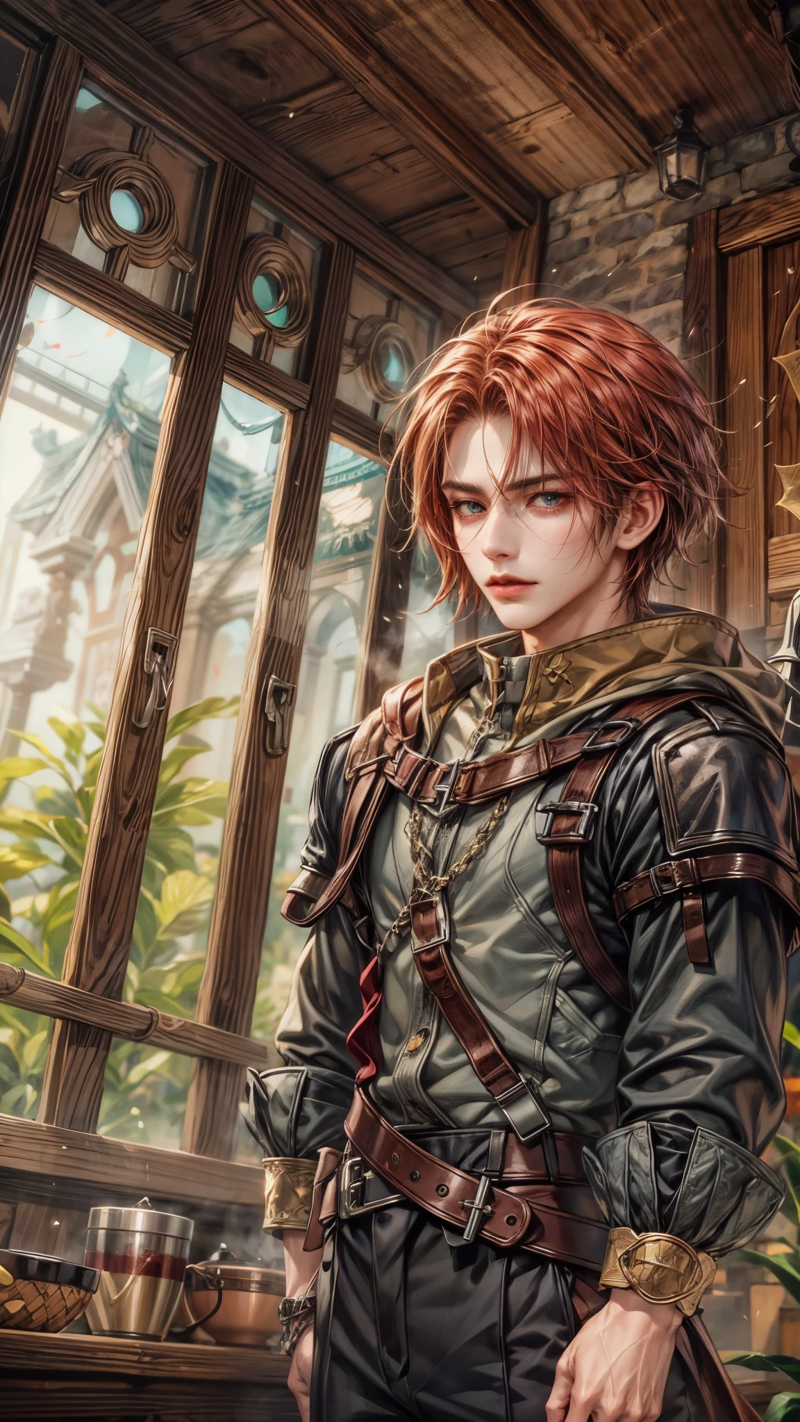 (absurdres, highres, ultra detailed, HDR), masterpiece, intricate, best quality, portrait of a handsome villain from Final Fantasy IX, crimson hair, short hair, korean face, anime eyes, prince outfit detailed interiors of an rpg weapon shop, showing forest in the windows , detailed character