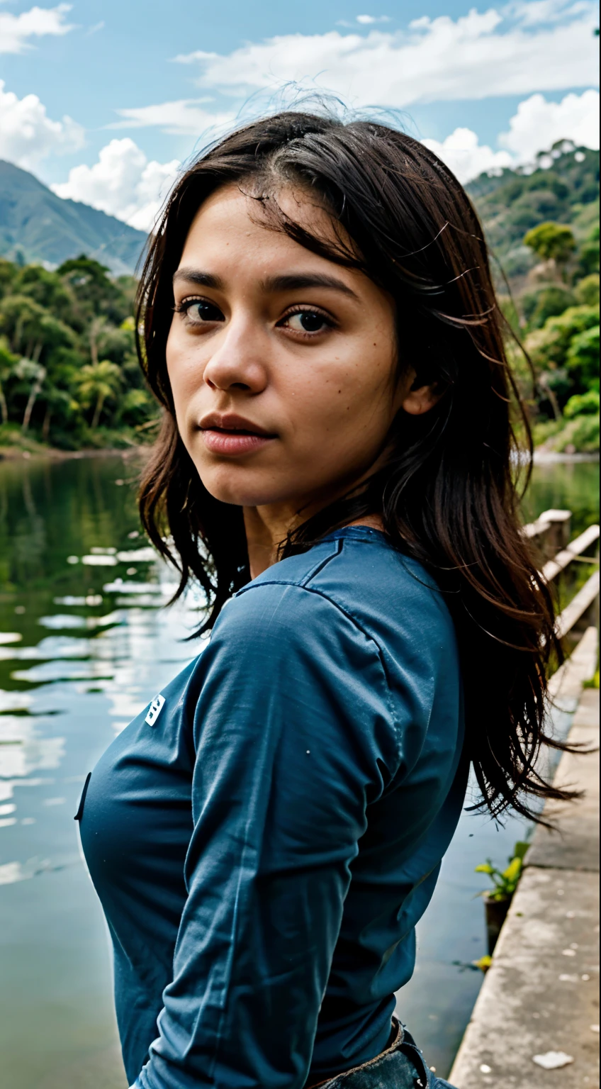 (high resolution:1.3), (8K, fotorrealista, Mejor calidad: 1.4), honduran, (1 chica), hermoso rostro, (cara realista), 20 years, physical fitness, (pelo negro, cabello corto:1.3), ojos azules,  muscular, rostro muy atractivo, fotos estilo amateur, con camiseta roja y jeans azules, en el lago de yojoa honduras