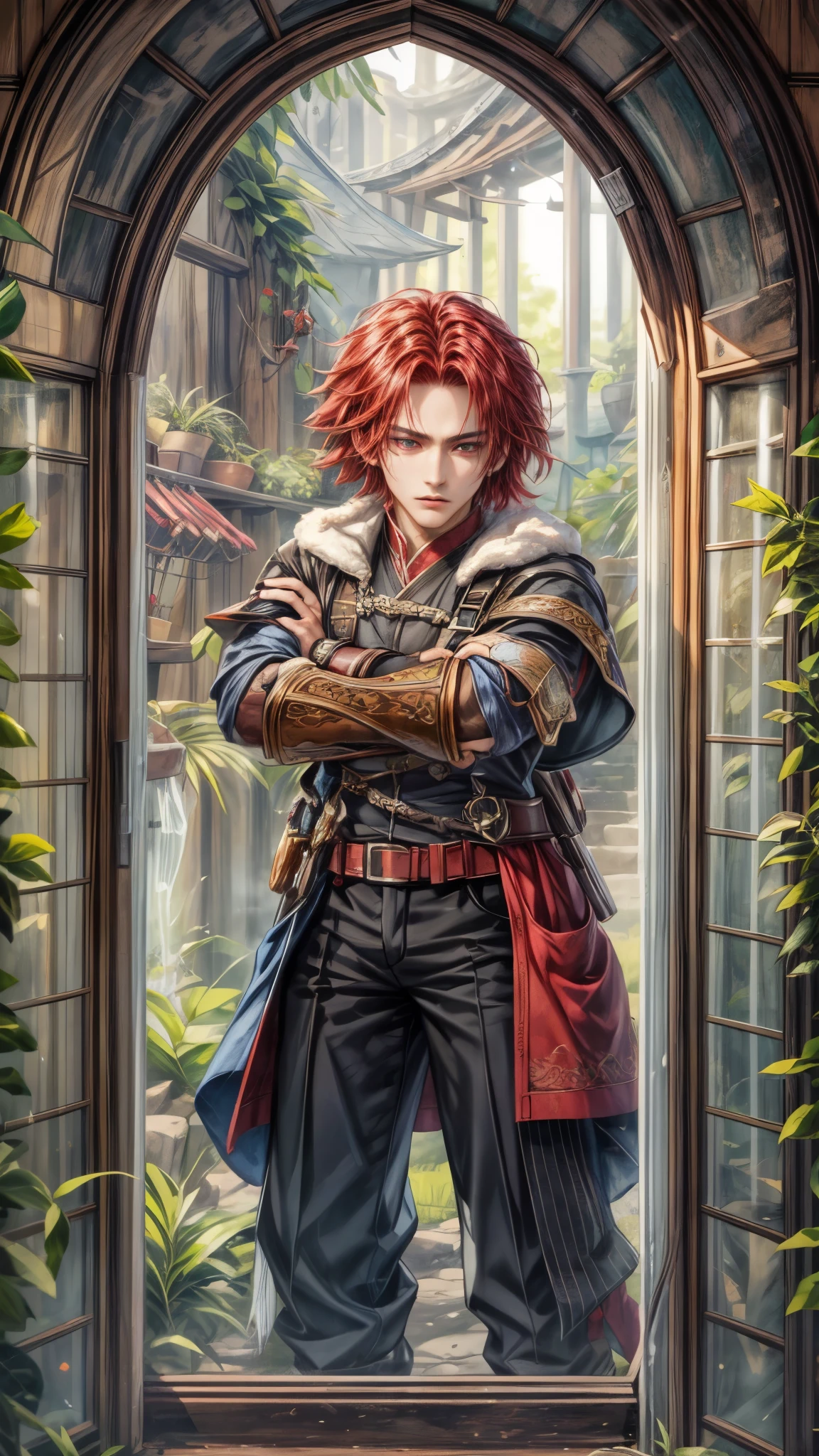 (absurdres, highres, ultra detailed, HDR), masterpiece, intricate, best quality, portrait of a handsome villain from Final Fantasy IX, crimson hair, short hair, korean face, anime eyes, prince outfit detailed interiors of an rpg weapon shop, showing forest in the windows , detailed character