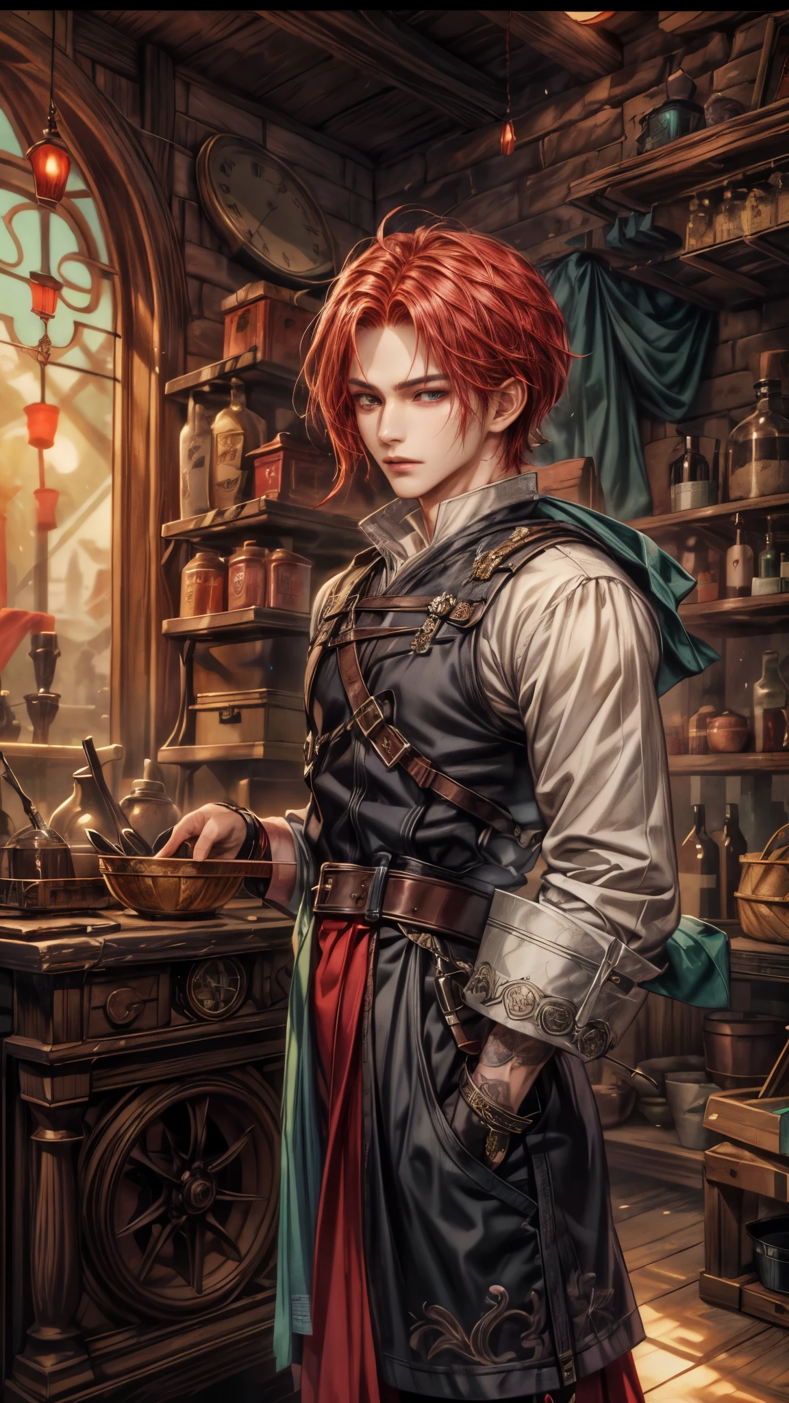 (absurdres, highres, ultra detailed, HDR), masterpiece, intricate, best quality, portrait of a handsome villain from Final Fantasy IX, crimson hair, short hair, korean face, anime eyes, prince outfit detailed interiors of an rpg weapon shop, showing forest in the windows , detailed character