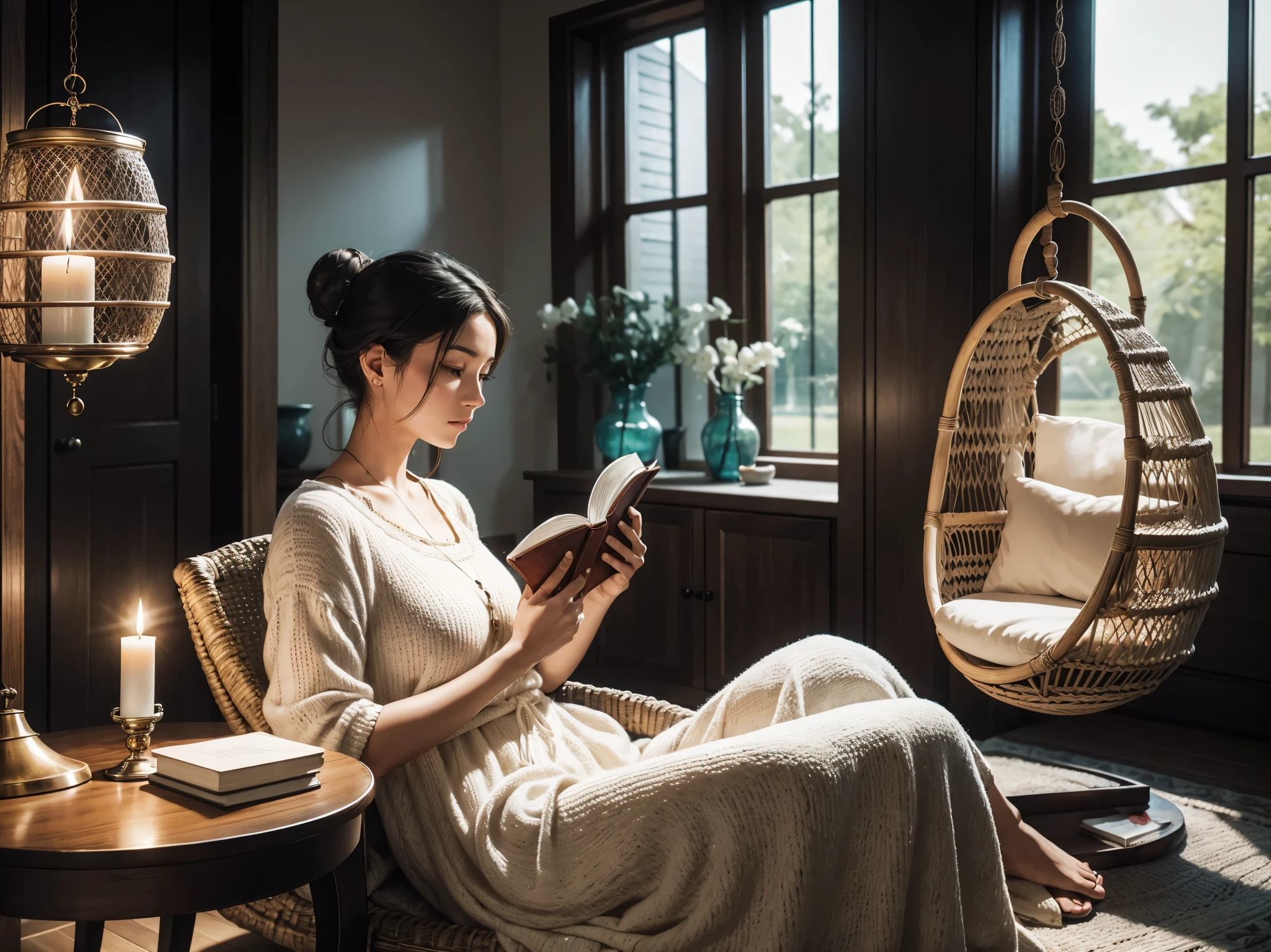 The scent of a jar candle flows, the candle is on the side table, Woman reading a book on a hanging egg chair, focus on women, Blur A woman wearing a bunning, Calm and luxurious large room, Ultra HD quality, photo-realistic