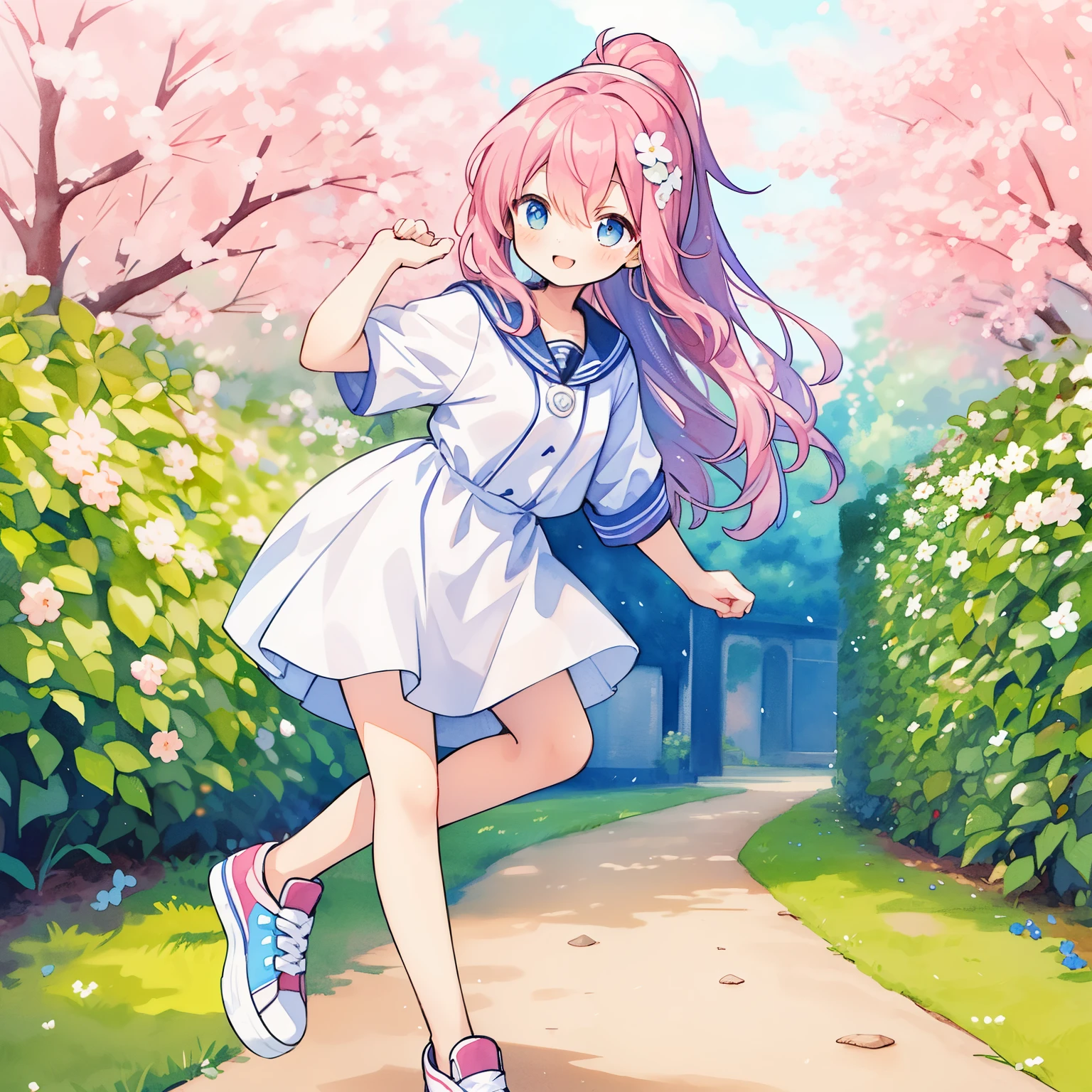 Pastel Watercolor、redhead, 1 girl, 、spring knit👗、spring wreath background、white, high ponytail、platform sneakers、Running with a smile、Up from the side
