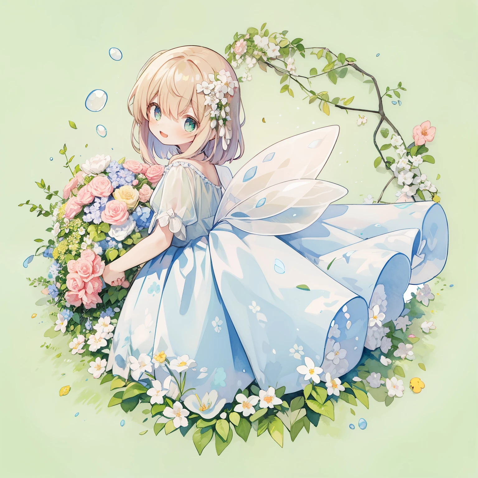 Pastel Watercolor、redhead, 1 girl, (Wearing large transparent fairy wings with polka dots:1.3)
smile with open mouth、Full body Esbian、From the side、beautiful features、brightly colored eyes、Wearing intricate and delicate ornaments、shining aura、shining hair,Illuminated by the morning light、spring wreath、Pale yellow-green background、Fairy with a bouquet of flowers、Fancy Fairy、jump、floating、