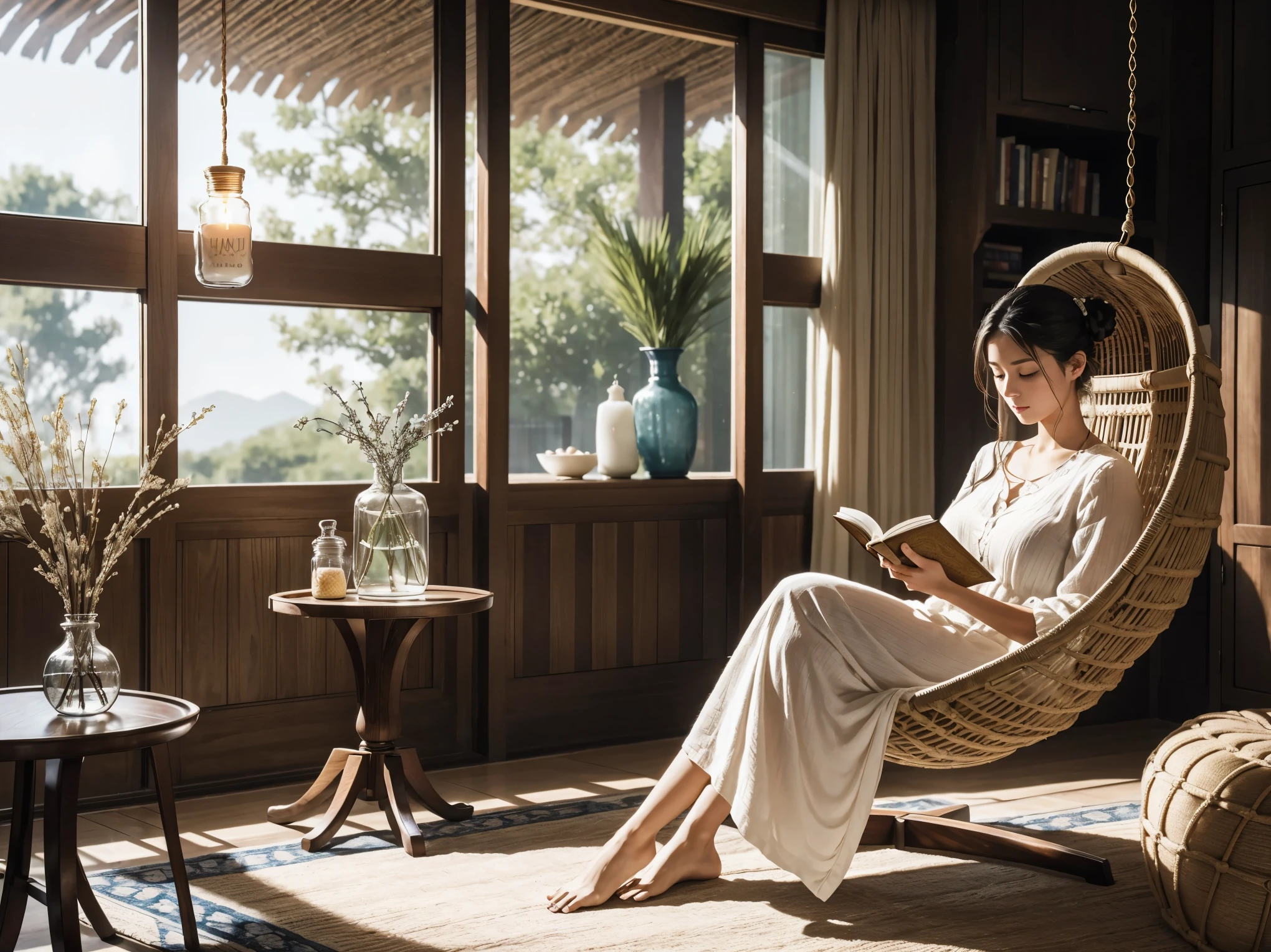 The scent of a jar candle flows, the candle is on the side table, Woman reading a book on a hanging egg chair, focus on women, Blur A woman wearing a bunning, Calm and luxurious large room, Ultra HD quality, photo-realistic