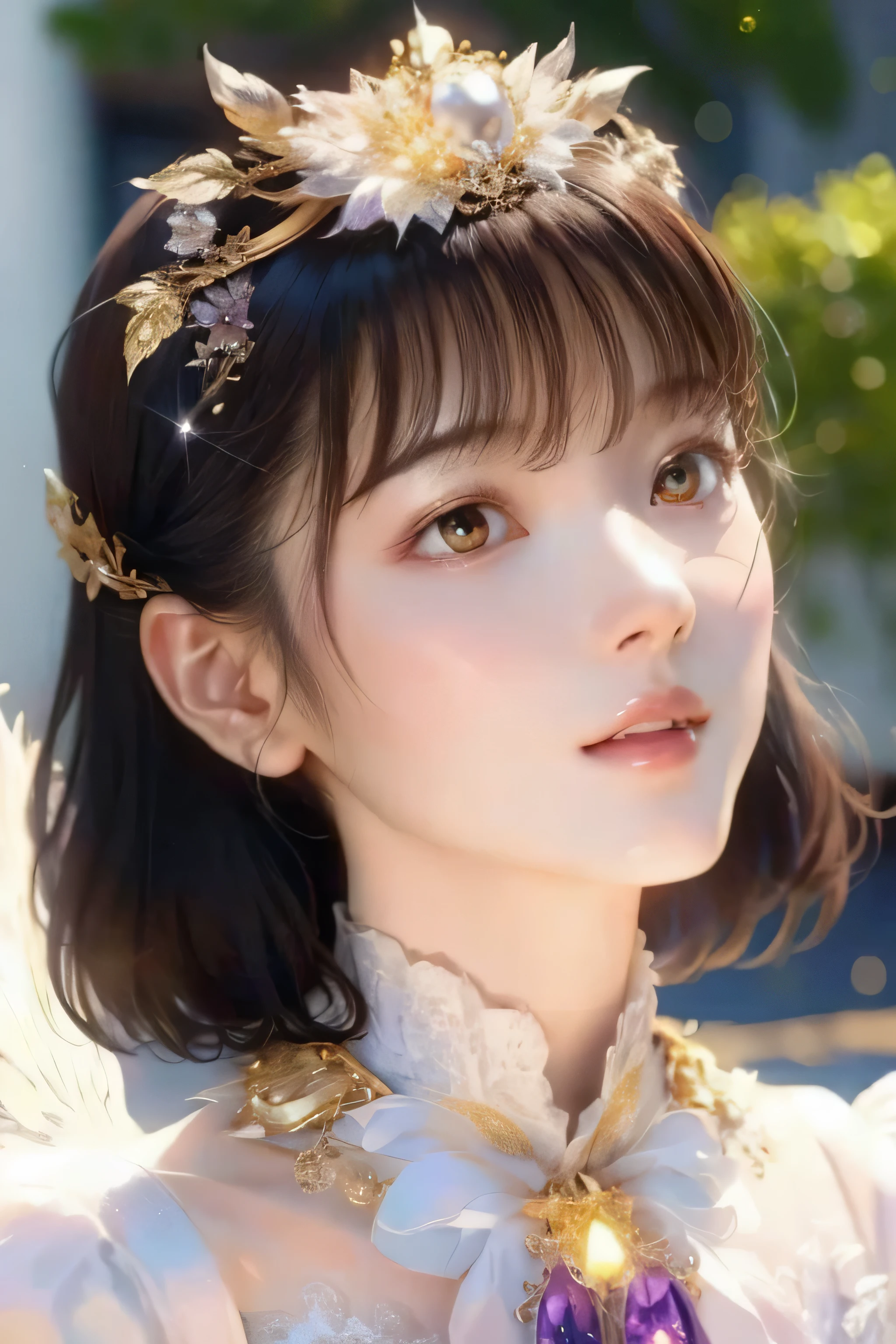 face is in front、look at the camera、profile、8k、real photos、ultra high resolution, master parts, highest quality, ticker , cinematic images,nice girl、Ann、16 years old、Annグロサクソン、double eyelid、droopy eyes、very big eyes、eyes are purple、dark eyeshadow、lips are very thin、long nose.、nostrils are very small, very detailed , silver hair、straight short hair、smile、 sweet expression 、)、very clear shadows , jewelry , fine eyes, extremely difficult, shiny skin , パーフェクトブリリAnnト, perfect sentence, dramatic shadow、white tiara on head、gold necklace around the neck、White aristocratic dress with gold embroidery、glass high heels、angel wings