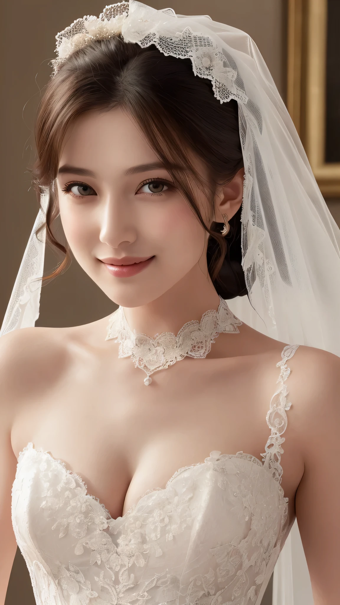 (1girl), ponytail, Extremely cute face, Amazing face and eyes, (Highly detailed eyes, Highly detailed face), fresh, Very clean appearance, (Hyper-realistic, hight resolution), (Best Quality:1.4), (hyper quality), Authentic skin texture, Raw photo, (Realistic, Photorealsitic:1.37), highly detailed, Professional Photography, (beautiful lace bridal dress:1.5), (lace bridal dress with open front), (cleavage:1.2), (Bare shoulders), Smile slightly, (Staring at me), luxury living room, girl portrait,