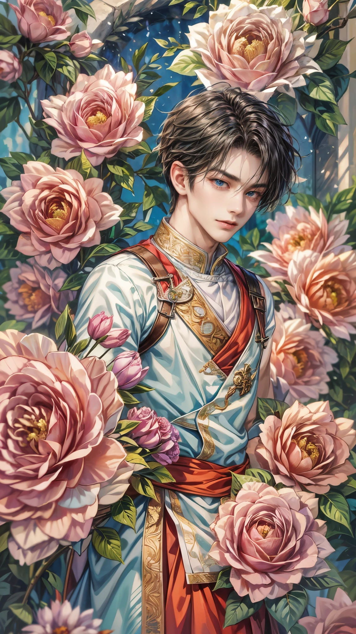 (absurdres, highres, ultra detailed, HDR), masterpiece, intricate details, best quality close-up picture of a character from suikoden, a character with handsome looks, korean face, original hair, short hair, anime blue eyes, smirking face, matured teen, tim Burton theme, dark royal wedding theme outfit showing chest, crop top, detailed garden wedding setting background, colorful roses scenery, detailed character, art kenouji