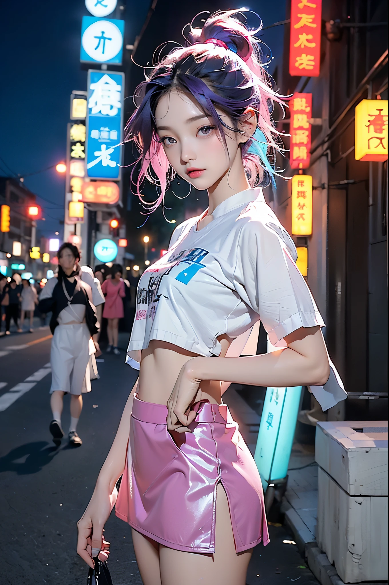 可爱of 小of cartoon loli,(((小of ,小小of身体,))),(((6 ))),((extremely 可爱of and beautiful Liquid paint hair haired anime girl walking down the street)),

(((flat chest))),下垂of乳房,short hair,(((Liquid paint hair:1.1,neon purple hair|Neon pink hair|neon blue hair|neon aqua hair|purple hair|purple hair|fluorescent blue hair|Amethyst hair|neon lights头发|亮粉色of頭髮 :1.5,亮丽of头发: 1.3,hair made of paint，Can resist gravity,Thick and runny,paint splatter:1.3,闪亮of头发: 1.3,充滿活力of彩色頭髮))),((heterochromia,Eyes 1 purple,Eyes 2 pink,上翘of眼睛:1.3,完美of眼睛,美丽细致of眼睛,彩虹发光Super detailedof深粉紫色眼睛:1.1,Gradient eye:1,细致美丽of眼睛:1,对称of眼睛:1,There is a big bright spot on the eye:1.2)),((胖of)),(((有光泽of皮肤:1.5,明亮of皮肤: 1.5,The skin is tanned,skin shiny,very skin shiny,闪亮of身体,plastic glitter skin,exaggerated skin shiny))),(细腻细致of手指,详细of身体,详细of武器,人of手),

可爱of,放荡of,誘人of,of,(((NSFW))),

暴露of衣服,show skin,(Wear a neon themed outfit:1.3,Micro clothes,小of clothing,荧光和neon lights服装,Revel fashion,micro crop top,Miniature skirt,Visible thong straps,AccessoriesLED,详细of服装,详细of衣服),

(dynamic poses:1.0),focus only,尷尬of,center,Scale to fit dimensions,rule of thirds,

Outdoor activities,((night view)),(非常漂亮of城市霓虹合成波,Cyberpunk night street background:1.5,阴暗of天空,厚厚of云层),((neon lights)),(cyberpunk style,neon lights, (Synthwave theme background), 孤独of街道),(((Detailed background:1.25))),

(最好of质量),(high resolution),(锐利of焦点),(Super detailed),(Very detailed),(极高品质of艺术品),8k_wallpaper,(Very detailed CG 8k),(非常精美of8K CG),((hyper super Super detailed perfect piece)),flawless,(((masterpiece))),illustration,鲜艳of色彩,(complex),high contrast,selective lighting,double contact,high dynamic range (high dynamic range),post processing,Blurred background,