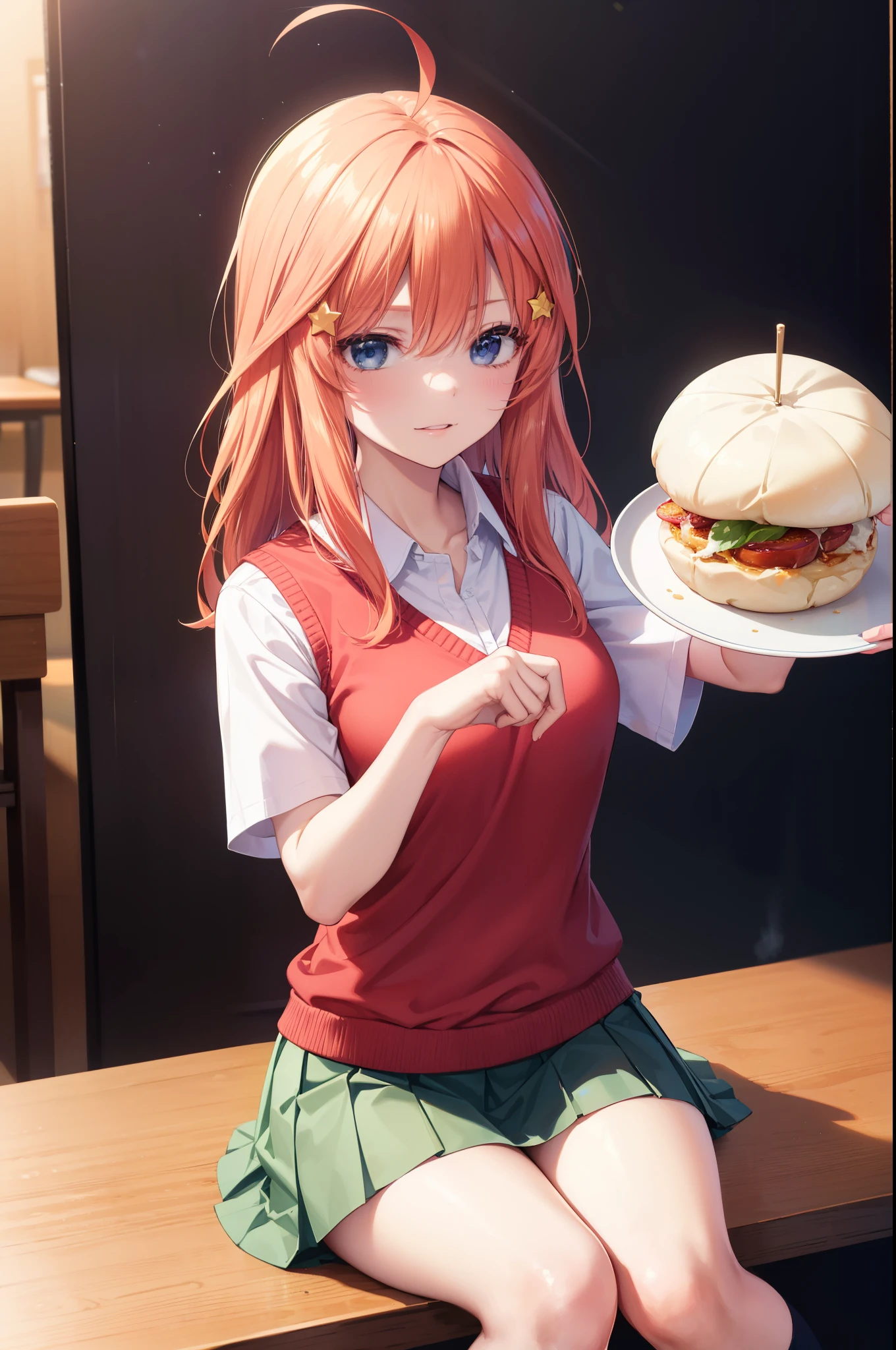 itsukinakano, Itsuki Nakano, bangs, hair between eyes, Ahoge, redhead, star \(symbol\), hair ornaments, star hair ornaments笑顔,close both eyes,He is holding a steamed bun in his right hand, which has his mouth open.,sitting in a chair,a large amount of food is placed on the table,
break skirt, shirt, school uniform, clavicle, white shirt, short sleeve, pleated skirt, socks, collared shirt, mini skirt, knee high, white socks, green skirt, sweater vest, red sweater vest,
break indoors, restaurant,viking,Buffet,
break (masterpiece:1.2), highest quality, High resolution, unity 8k wallpaper, (figure:0.8), highly detailed face, perfect lighting, Very detailed CG, (perfect hands, perfect anatomy),