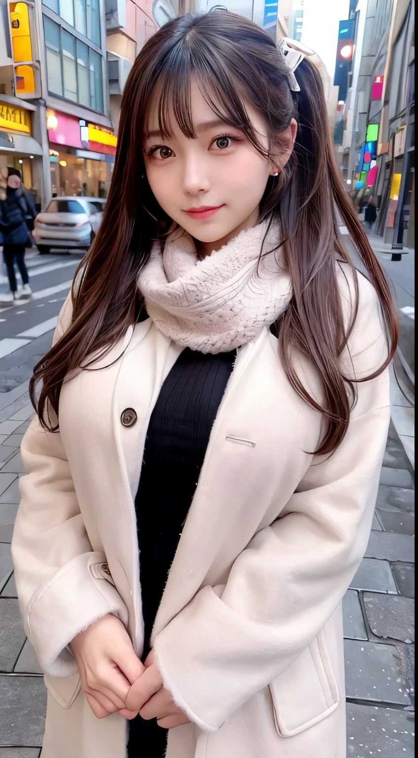 blush,random hair,big ribbon in her hair,(8k, RAW photo, highest quality, pieces fly:1.2), (reality, realistic:1.4), ,sharp focus on huge tits, big breasts, cinematic lighting, soft light, Details beauty eye,shiny and smooth skin, asymmetrical bangs, shiny skin, super dense skin ,High resolution, random hairスタイル, detailed hairstyle, detailed beauty face, hyper real, perfect limbs, perfect anatomy ,1 Japanese girl,famous japanese idol, perfect female body,shy smile,short eyelashes,double eyelid,look straight here,,wearing a scrunchie,sagging breasts,wearing a long coat,street,stand up straight and face me,so that the whole body can be seen,winter,warm clothes,look straight at me,wearing a scarf,european cityscape,cobblestone road,big breasts、wearing star earrings