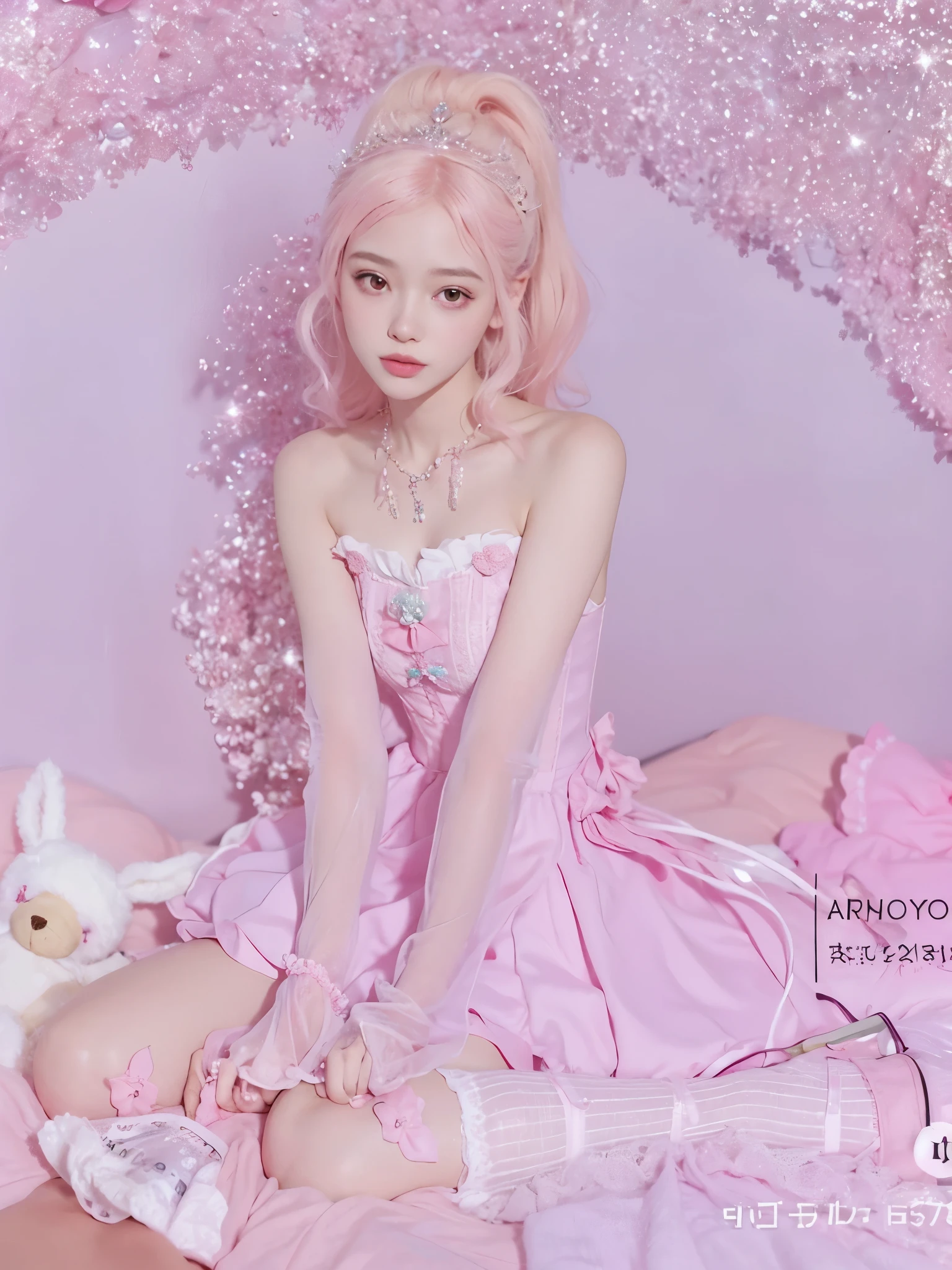 araffe girl in a pink dress sitting on a bed with a teddy bear, belle delphine, fairycore, pink pastel, style of magical girl, ❤🔥🍄🌪,  in dress, dressed in a pink dress, rei hino as a princess, lolita style, by Ayami Kojima, pink girl, sha xi, portrait of magical girl