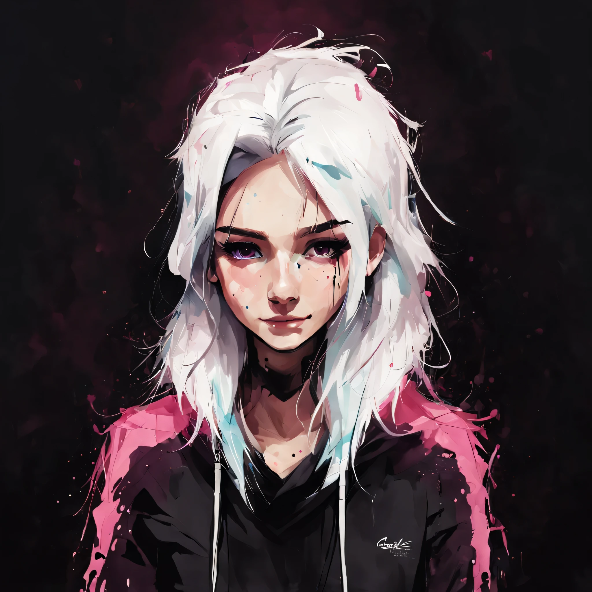 samdoesarts style a woman by agnes cecile, luminous design, pastel colours, ink drips, a girl, solo, short hair, white hair, black hoodie, black clothes, magenta eyes, cute smile, dead gaze