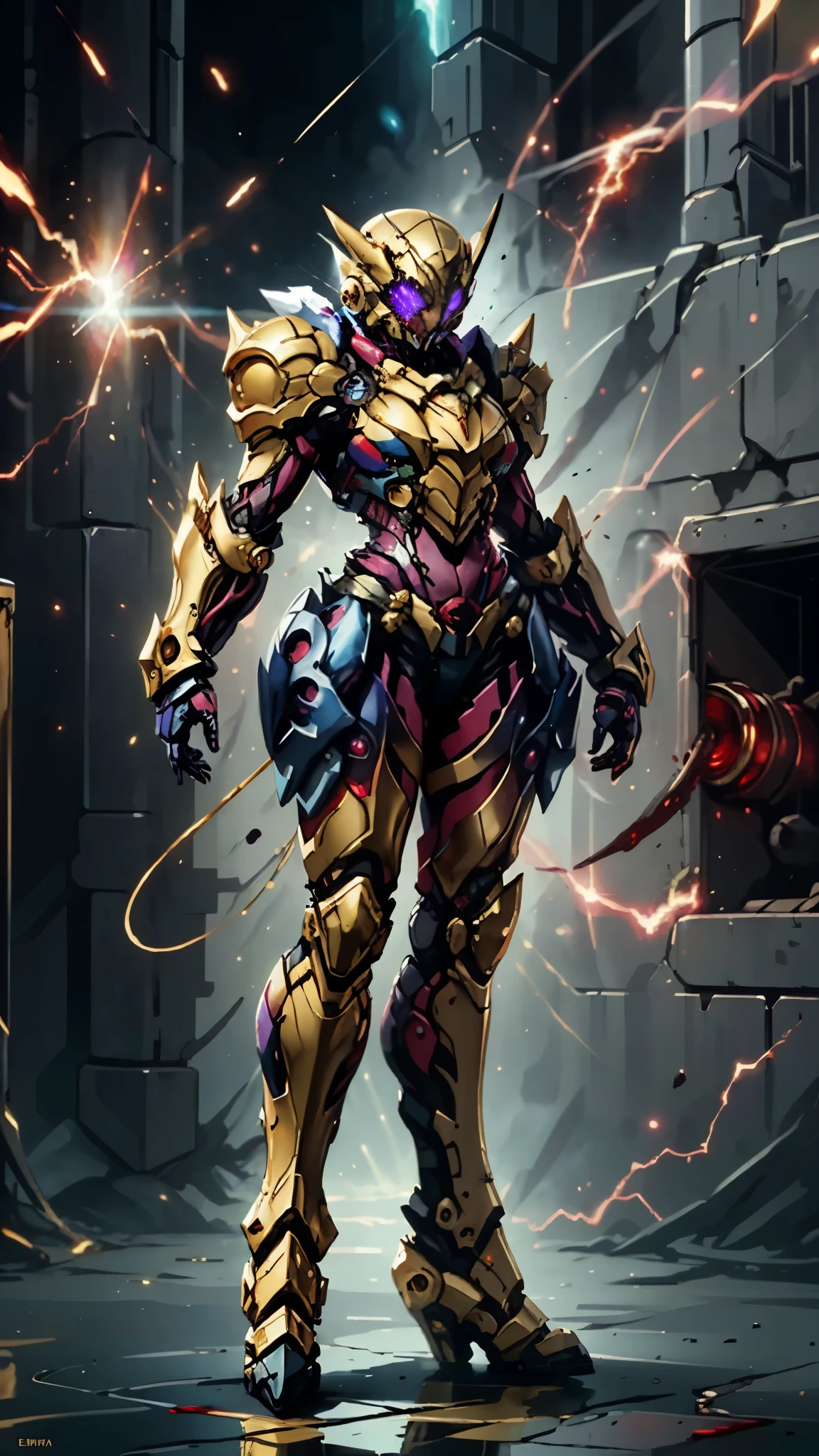 A woman adorned in fantasy-style full-body armor, a crown-concept fully enclosed helmet that unveils only her eyes, a composite layered chest plate, fully encompassing shoulder and hand guards, a lightweight waist armor, form-fitting shin guards, the overall design is heavy-duty yet flexible, ((the armor gleams with a golden glow, complemented by red and blue accents)), exhibiting a noble aura, she floats above a fantasy-surreal high-tech city, this character embodies a finely crafted fantasy-surreal style armored hero in anime style, exquisite and mature manga art style, (mixture of Queen bee and Spider concept Armor, plasma, blood), ((Element, energy, elegant, goddess, femminine:1.5)), metallic, high definition, best quality, highres, ultra-detailed, ultra-fine painting, extremely delicate, professional, anatomically correct, symmetrical face, extremely detailed eyes and face, high quality eyes, creativity, RAW photo, UHD, 32k, Natural light, cinematic lighting, masterpiece-anatomy-perfect, masterpiece:1.5