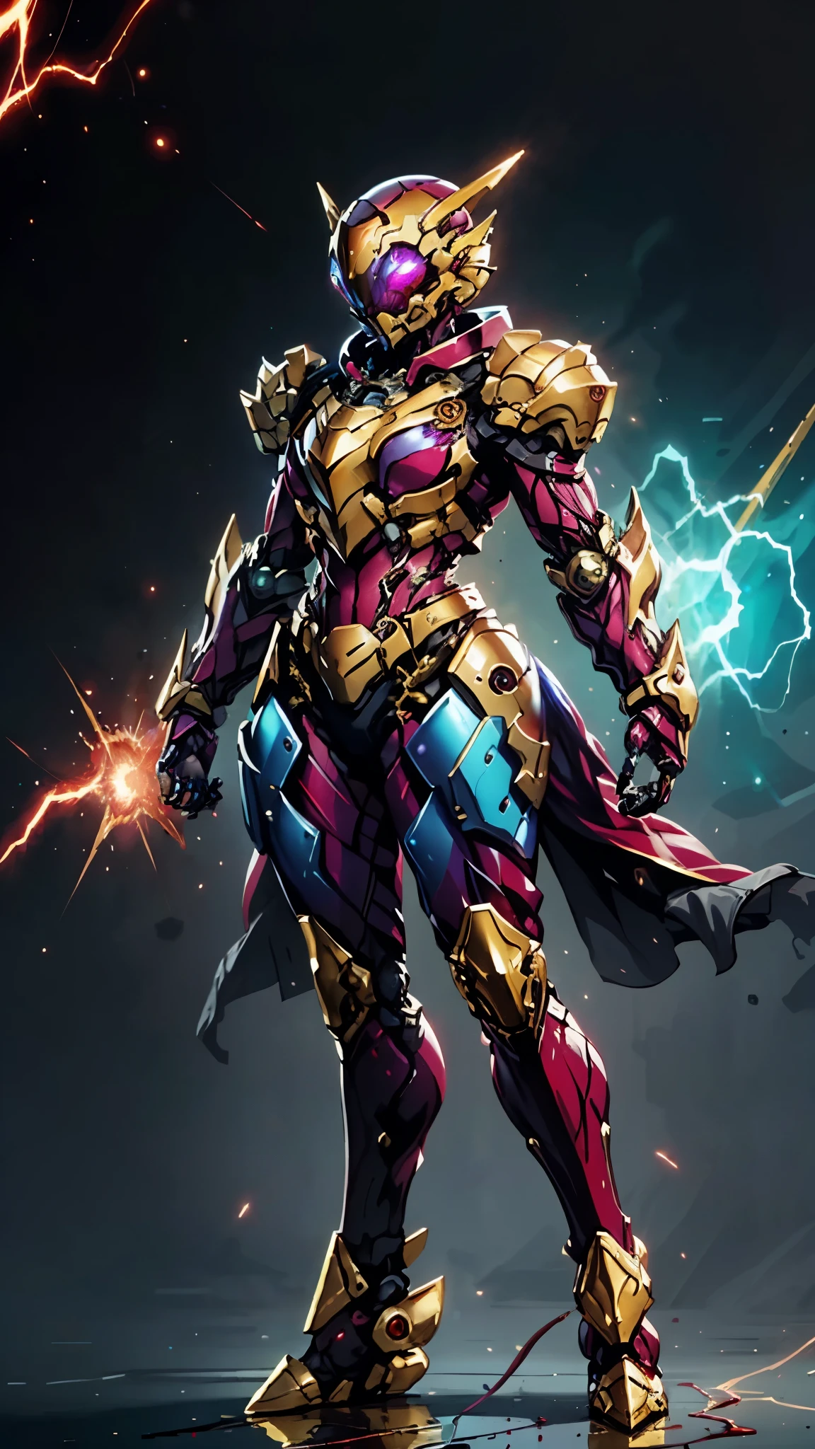 A woman adorned in fantasy-style full-body armor, a crown-concept fully enclosed helmet that unveils only her eyes, a composite layered chest plate, fully encompassing shoulder and hand guards, a lightweight waist armor, form-fitting shin guards, the overall design is heavy-duty yet flexible, ((the armor gleams with a golden glow, complemented by red and blue accents)), exhibiting a noble aura, she floats above a fantasy-surreal high-tech city, this character embodies a finely crafted fantasy-surreal style armored hero in anime style, exquisite and mature manga art style, (mixture of Queen bee and Spider concept Armor, plasma, blood), ((Element, energy, elegant, goddess, femminine:1.5)), metallic, high definition, best quality, highres, ultra-detailed, ultra-fine painting, extremely delicate, professional, anatomically correct, symmetrical face, extremely detailed eyes and face, high quality eyes, creativity, RAW photo, UHD, 32k, Natural light, cinematic lighting, masterpiece-anatomy-perfect, masterpiece:1.5