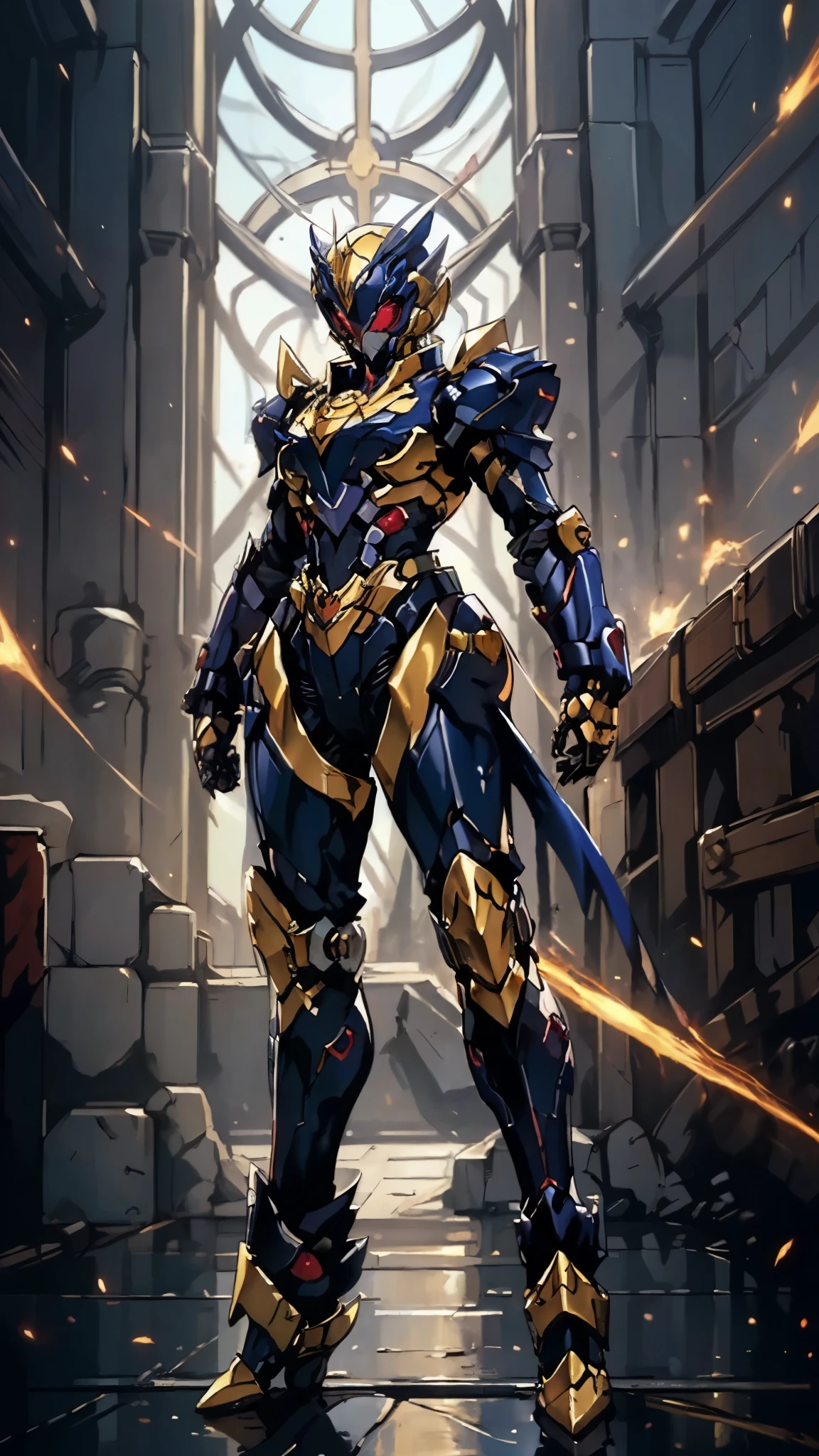 A woman adorned in fantasy-style full-body armor, a crown-concept fully enclosed helmet that unveils only her eyes, a composite layered chest plate, fully encompassing shoulder and hand guards, a lightweight waist armor, form-fitting shin guards, the overall design is heavy-duty yet flexible, ((the armor gleams with a golden glow, complemented by red and blue accents)), exhibiting a noble aura, she floats above a fantasy-surreal high-tech city, this character embodies a finely crafted fantasy-surreal style armored hero in anime style, exquisite and mature manga art style, (mixture of Queen bee and Spider concept Armor, plasma, blood), ((Element, energy, elegant, goddess, femminine:1.5)), metallic, high definition, best quality, highres, ultra-detailed, ultra-fine painting, extremely delicate, professional, anatomically correct, symmetrical face, extremely detailed eyes and face, high quality eyes, creativity, RAW photo, UHD, 32k, Natural light, cinematic lighting, masterpiece-anatomy-perfect, masterpiece:1.5