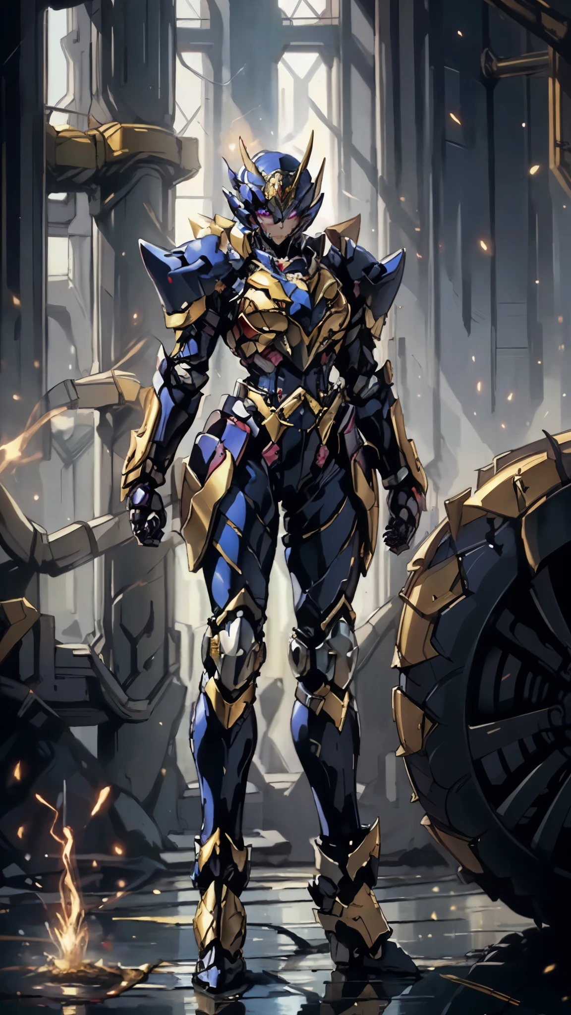 A woman adorned in fantasy-style full-body armor, a crown-concept fully enclosed helmet that unveils only her eyes, a composite layered chest plate, fully encompassing shoulder and hand guards, a lightweight waist armor, form-fitting shin guards, the overall design is heavy-duty yet flexible, ((the armor gleams with a golden glow, complemented by red and blue accents)), exhibiting a noble aura, she floats above a fantasy-surreal high-tech city, this character embodies a finely crafted fantasy-surreal style armored hero in anime style, exquisite and mature manga art style, (mixture of Queen bee and Spider concept Armor, plasma, blood), ((Element, energy, elegant, goddess, femminine:1.5)), metallic, high definition, best quality, highres, ultra-detailed, ultra-fine painting, extremely delicate, professional, anatomically correct, symmetrical face, extremely detailed eyes and face, high quality eyes, creativity, RAW photo, UHD, 32k, Natural light, cinematic lighting, masterpiece-anatomy-perfect, masterpiece:1.5