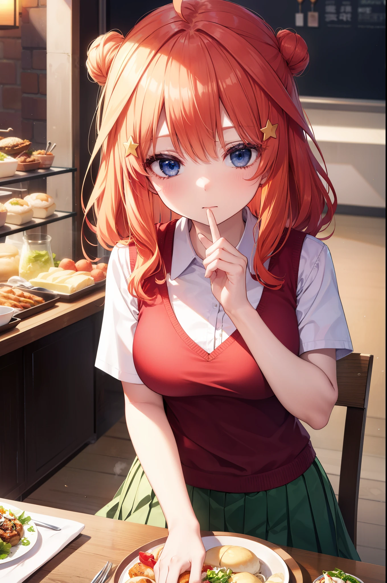 itsukinakano, Itsuki Nakano, bangs, hair between eyes, Ahoge, redhead, star \(symbol\), hair ornaments, star hair ornaments笑顔,close both eyes,He is holding a steamed bun in his right hand, which has his mouth open.,sitting in a chair,a large amount of food is placed on the table,
break skirt, shirt, school uniform, clavicle, white shirt, short sleeve, pleated skirt, collared shirt, mini skirt, black pantyhose, green skirt, sweater vest, red sweater vest,
break indoors, restaurant,viking,Buffet,
break (masterpiece:1.2), highest quality, High resolution, unity 8k wallpaper, (figure:0.8), highly detailed face, perfect lighting, Very detailed CG, (perfect hands, perfect anatomy),