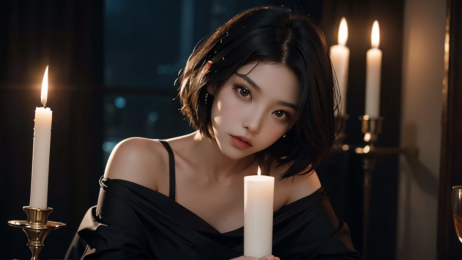 Milf, Black Hair, Short Hair, Sexy, Submission, Dress, Dark Romantic, Night, Dinner, Candles, High Details, Ultra HD, 4K