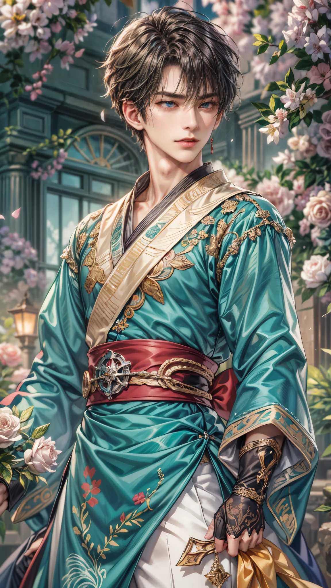 (absurdres, highres, ultra detailed, HDR), masterpiece, intricate details, best quality close-up picture of a character from suikoden, a character with handsome looks, korean face, original hair, short hair, anime blue eyes, smirking face, matured teen, tim Burton theme, dark royal wedding theme outfit showing chest, crop top, detailed garden wedding setting background, colorful roses scenery, detailed character, art kenouji