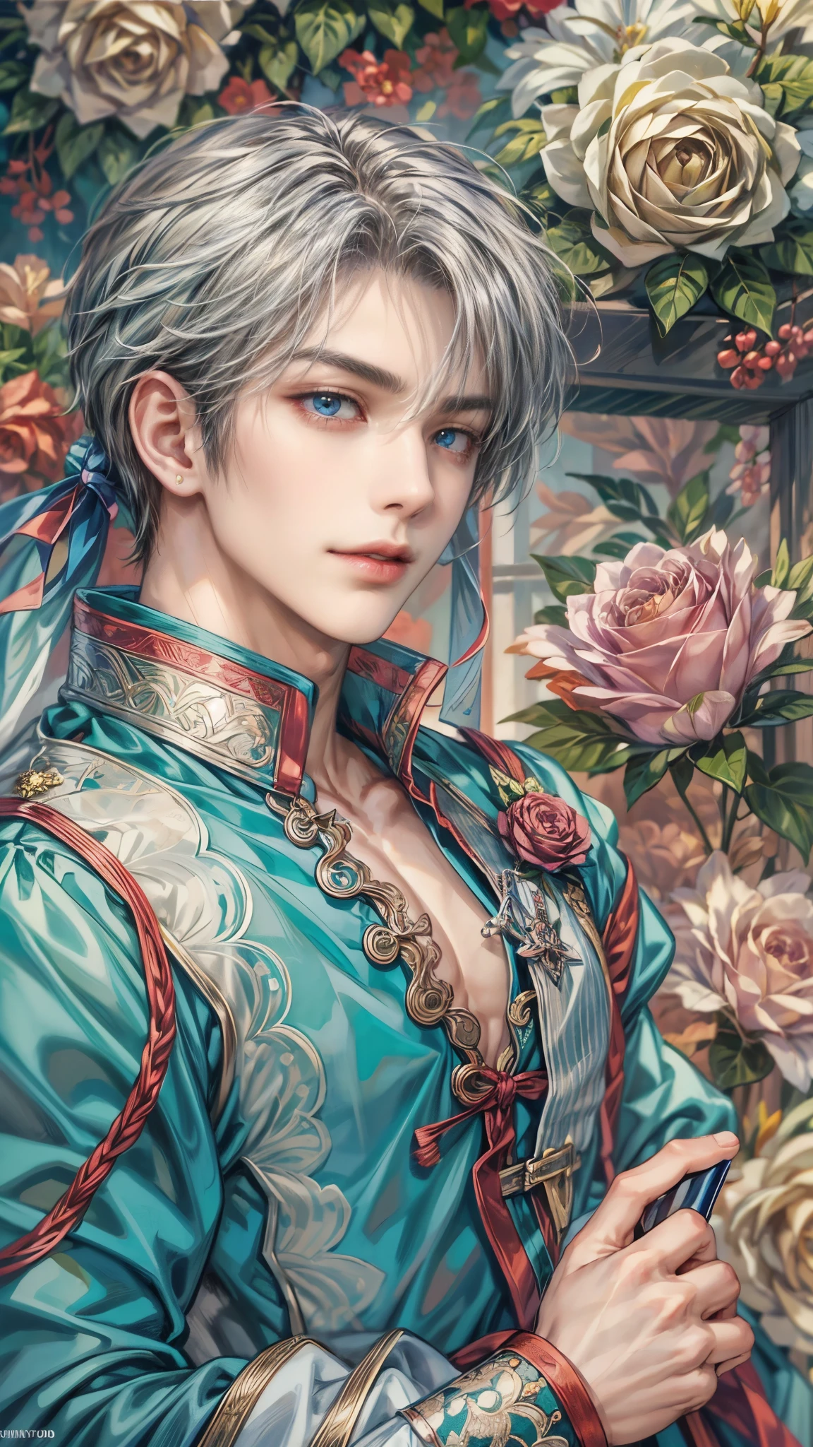 (absurdres, highres, ultra detailed, HDR), masterpiece, intricate details, best quality close-up picture of a character from suikoden, a character with handsome looks, korean face, original hair, short hair, anime blue eyes, smirking face, matured teen, tim Burton theme, dark royal wedding theme outfit showing chest, crop top, detailed garden wedding setting background, colorful roses scenery, detailed character, art kenouji