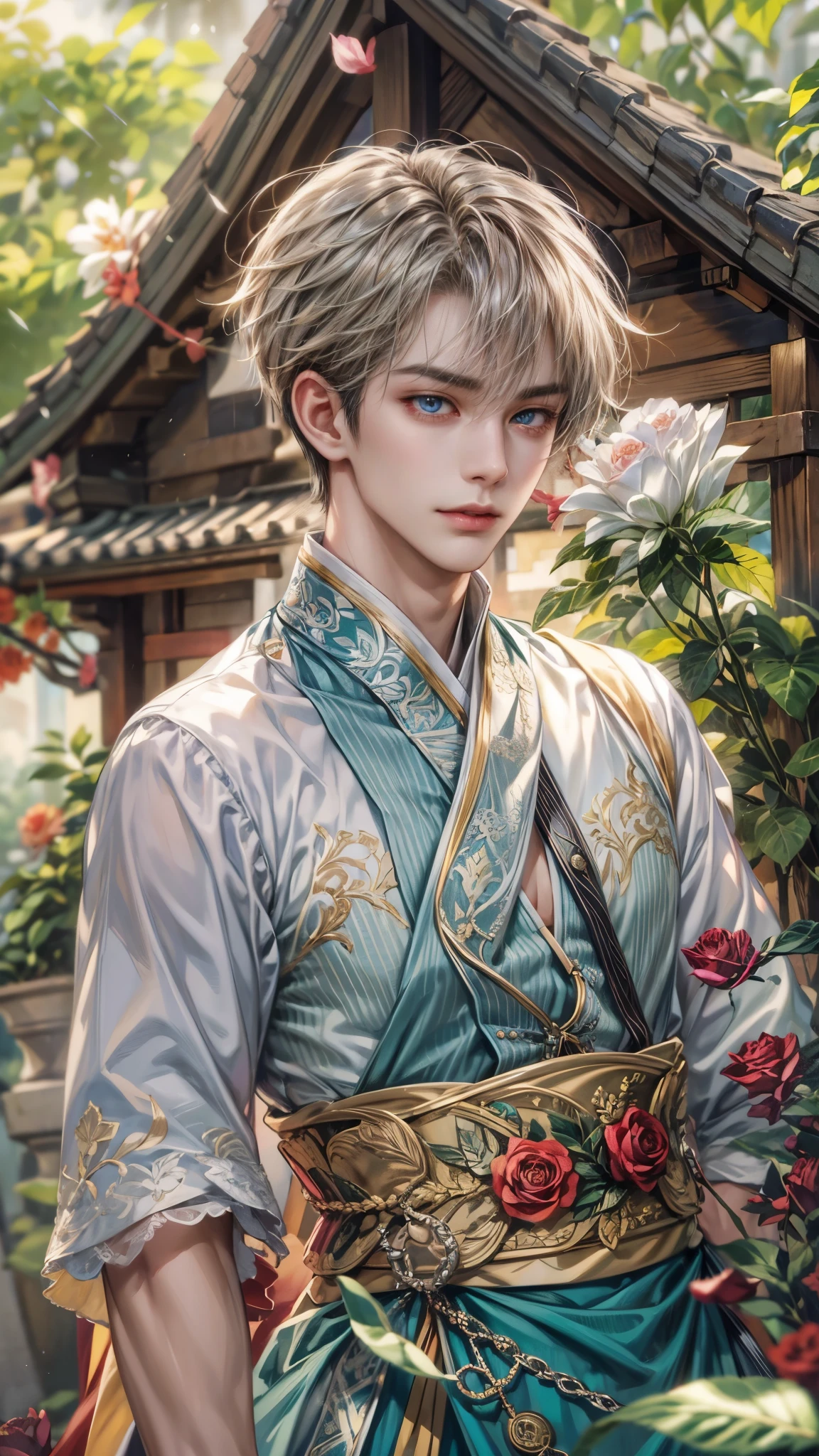 (absurdres, highres, ultra detailed, HDR), masterpiece, intricate details, best quality close-up picture of a character from suikoden, a character with handsome looks, korean face, original hair, short hair, anime blue eyes, smirking face, matured teen, tim Burton theme, dark royal wedding theme outfit showing chest, crop top, detailed garden wedding setting background, colorful roses scenery, detailed character, art kenouji