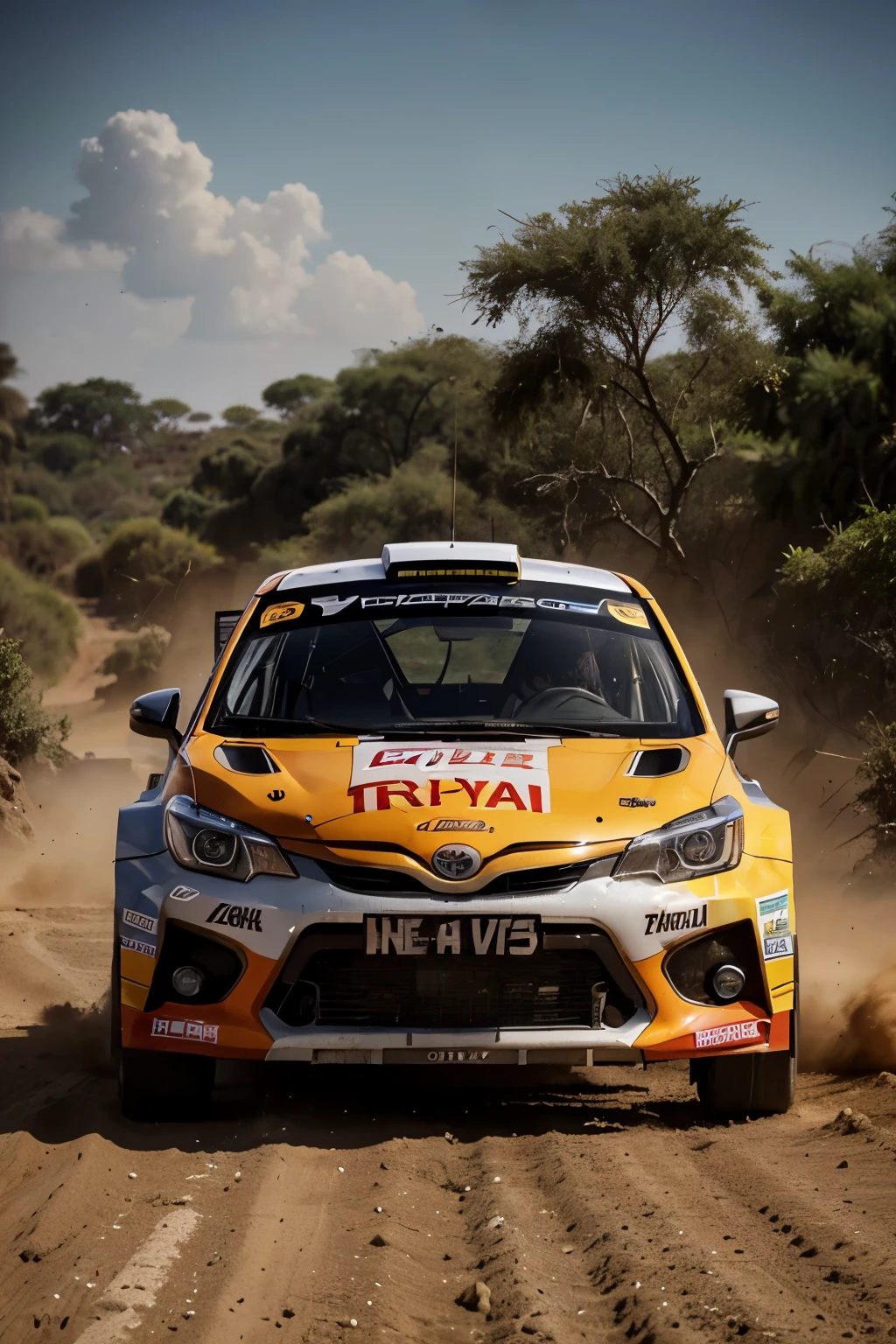 "Step into the world of rally racing with this visually stunning poster for the Safari Rally 2024. The Toyota Yaris rally car takes on the dusty African stage with style and speed, creating a cinematic experience that captures every detail. The vibrant colors and range of styles make this a truly unique and interesting piece."