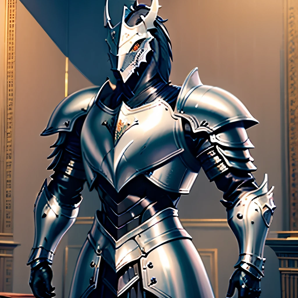 anthromorphic black dragon wearing silver knight armor