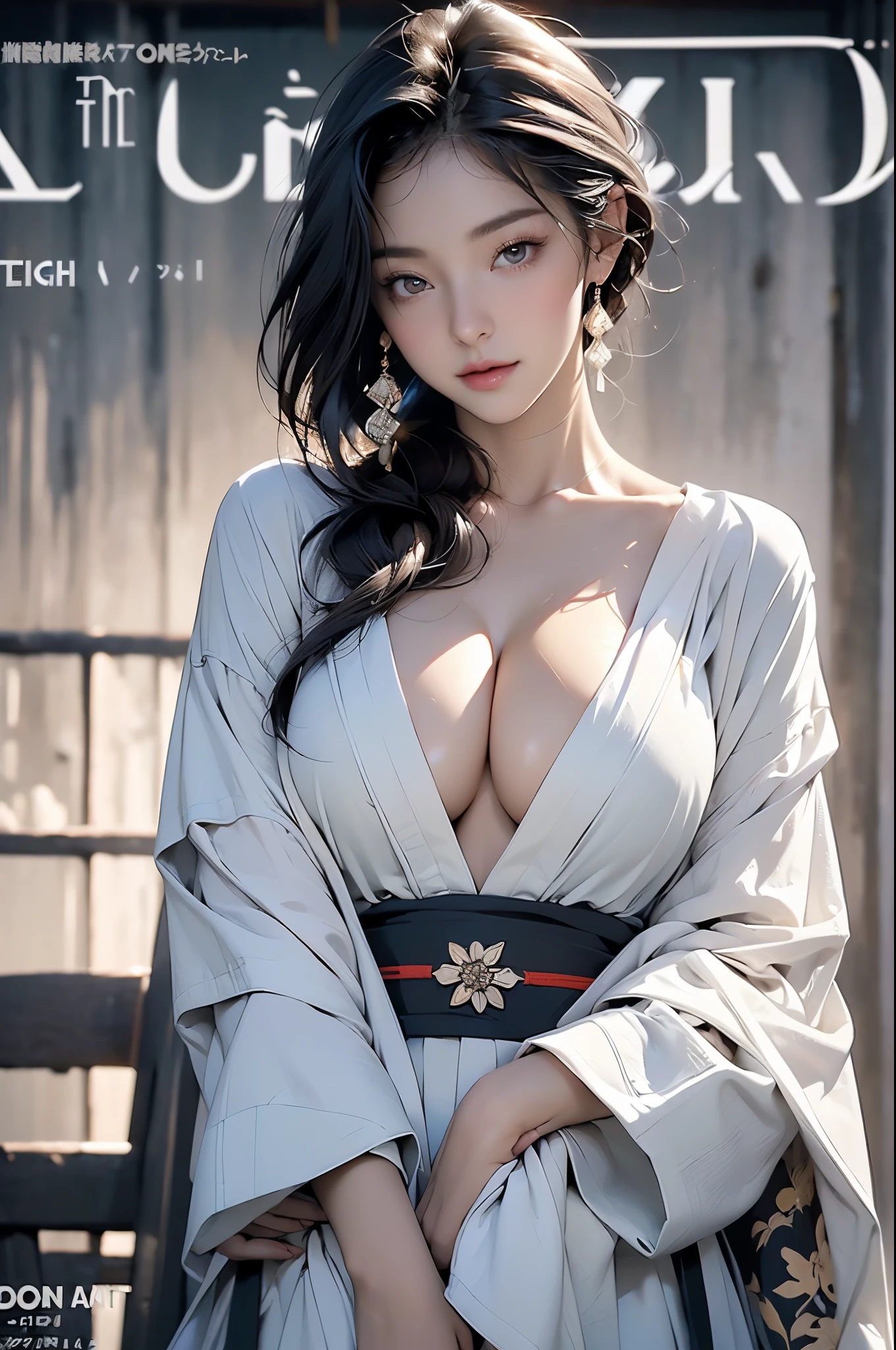 (magazine cover:1.3), (The original: 1.2), masterpiece, best quality, beautiful clean face, (whole body:1.1),  3d face, glowing eyes, shiny hair, shiny skin, alone, looking at the audience, Upper body, kimono，Naked trench (huge breasts:1.2),wet skin（（rogue））cool atmosphere，shiny skin，big breasts, big breasts, M cup