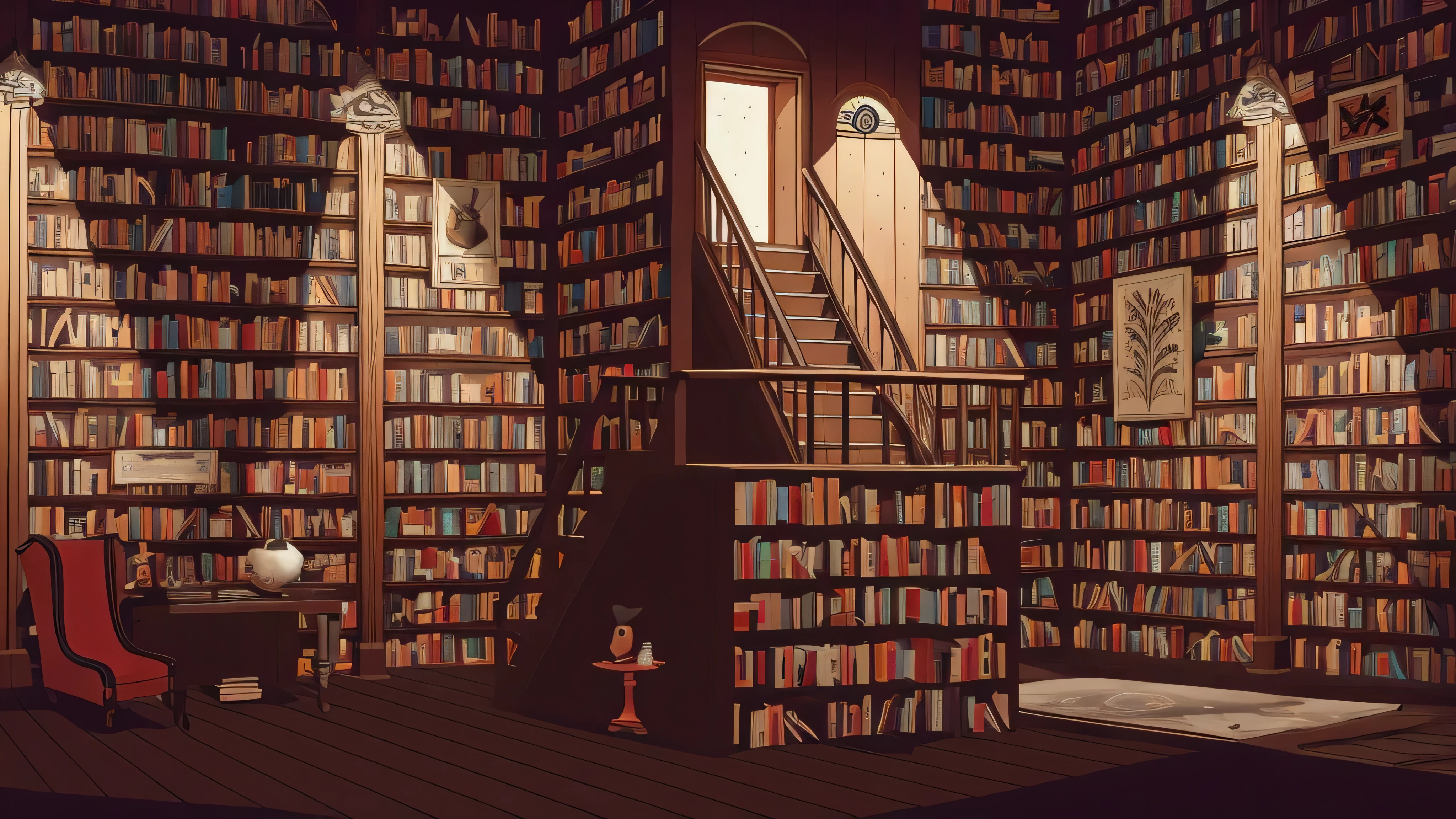 there is a room with stairs and many books, biblioteca fundo, alchemist biblioteca fundo, gloomy biblioteca, dusty biblioteca, biblioteca chique, Gothic epic library concept, magic library, standing inside a magic library, vast biblioteca, castle biblioteca, in a gloomy biblioteca, biblioteca interior fundo, fundo = biblioteca, an eternal biblioteca, biblioteca escura, ancient bibliotecauma biblioteta mistica, a grande bilioteca da torre de Babel, grande biblioteca, muitos livros, architectural, (classic), Estilo Lo-Fi, Alto detalhe, arquitetura de interiores, moderno, optical illusion, anaglyph, UHigh definition, Super detalhe, Alto detalhes, alta qualidade, premiado, melhor qualidade, high resolution, 1080P, High definition, 4k, 8K, 16K, preciso, obra de arte